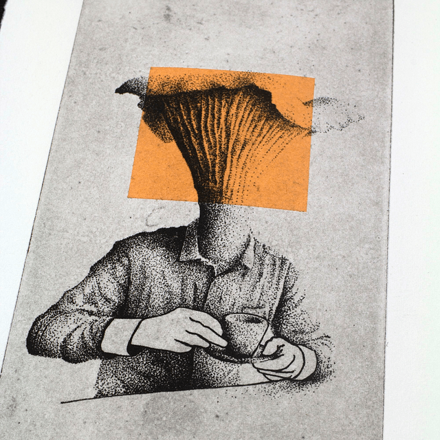 Fine art etching / Not framed / Coffee & Mushroom