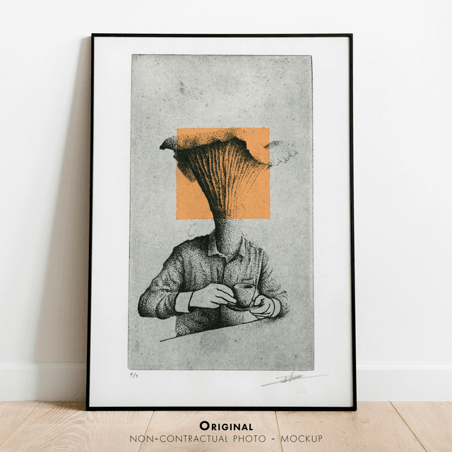 Fine art etching / Not framed / Coffee &amp; Mushroom