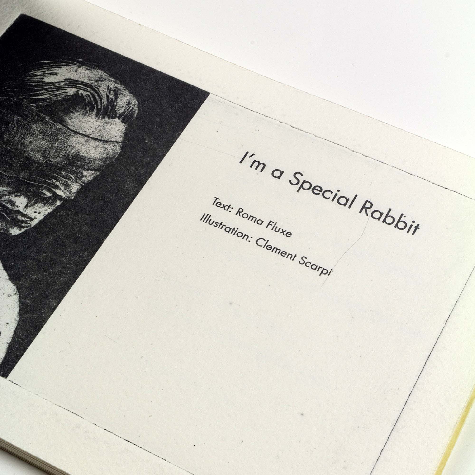 Livre d'art à couverture noire texturée affichant le titre "I'm a Special Rabbit" en lettres fines blanches, relié à la main sur le côté gauche avec un fil rouge apparent, présenté à plat sur un fond blanc neutre.