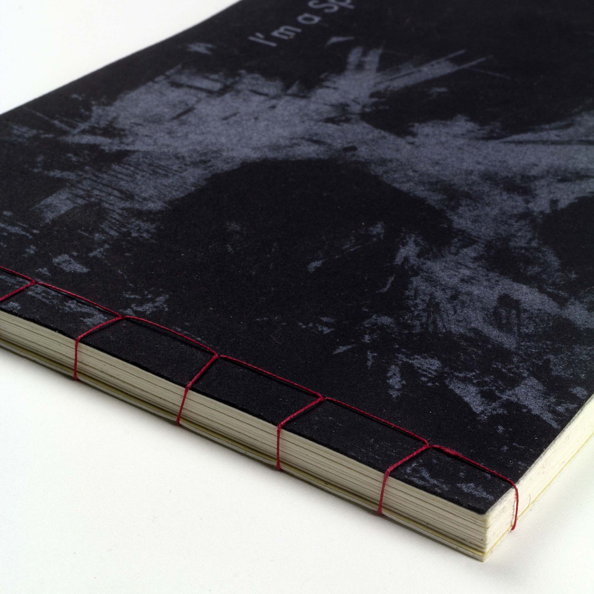 Livre d'art à couverture noire texturée affichant le titre "I'm a Special Rabbit" en lettres fines blanches, relié à la main sur le côté gauche avec un fil rouge apparent, présenté à plat sur un fond blanc neutre.