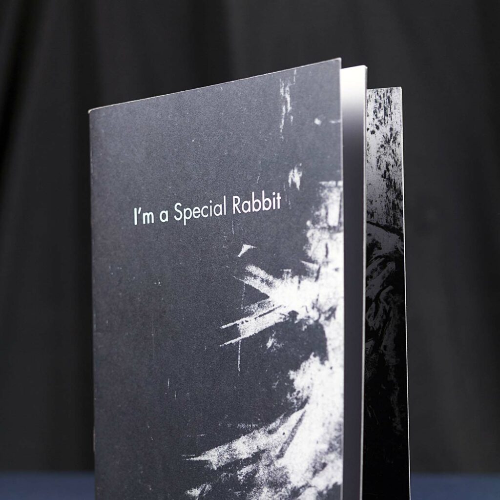 Livret d'art vertical "I'm a Special Rabbit" à couverture noire et blanche texturée, posé debout à côté de deux crayons de bois noirs sur une surface sombre.