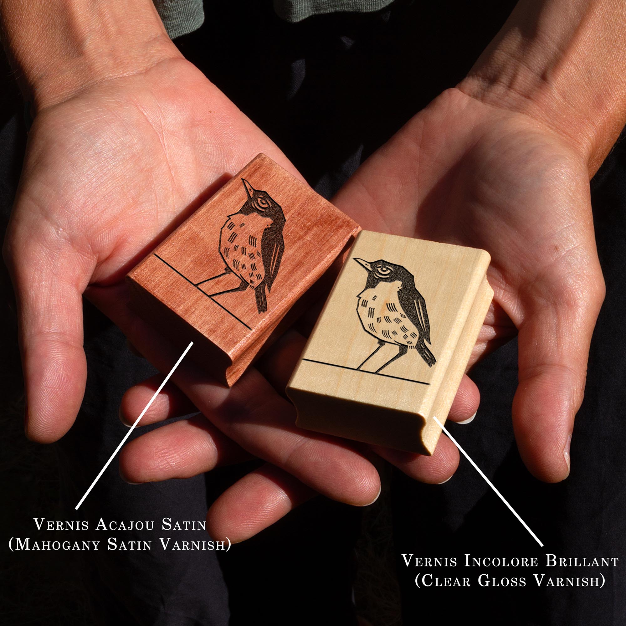Deux tampons Ex-Libris en bois gravés d'un oiseau, présentés côte à côte au creux de deux mains. Des lignes de texte indiquent la différence de finition : à gauche, le bois a une teinte rousse avec la mention "Vernis Acajou Satin", et à droite, une teinte naturelle claire avec la mention "Vernis Incolore Brillant".