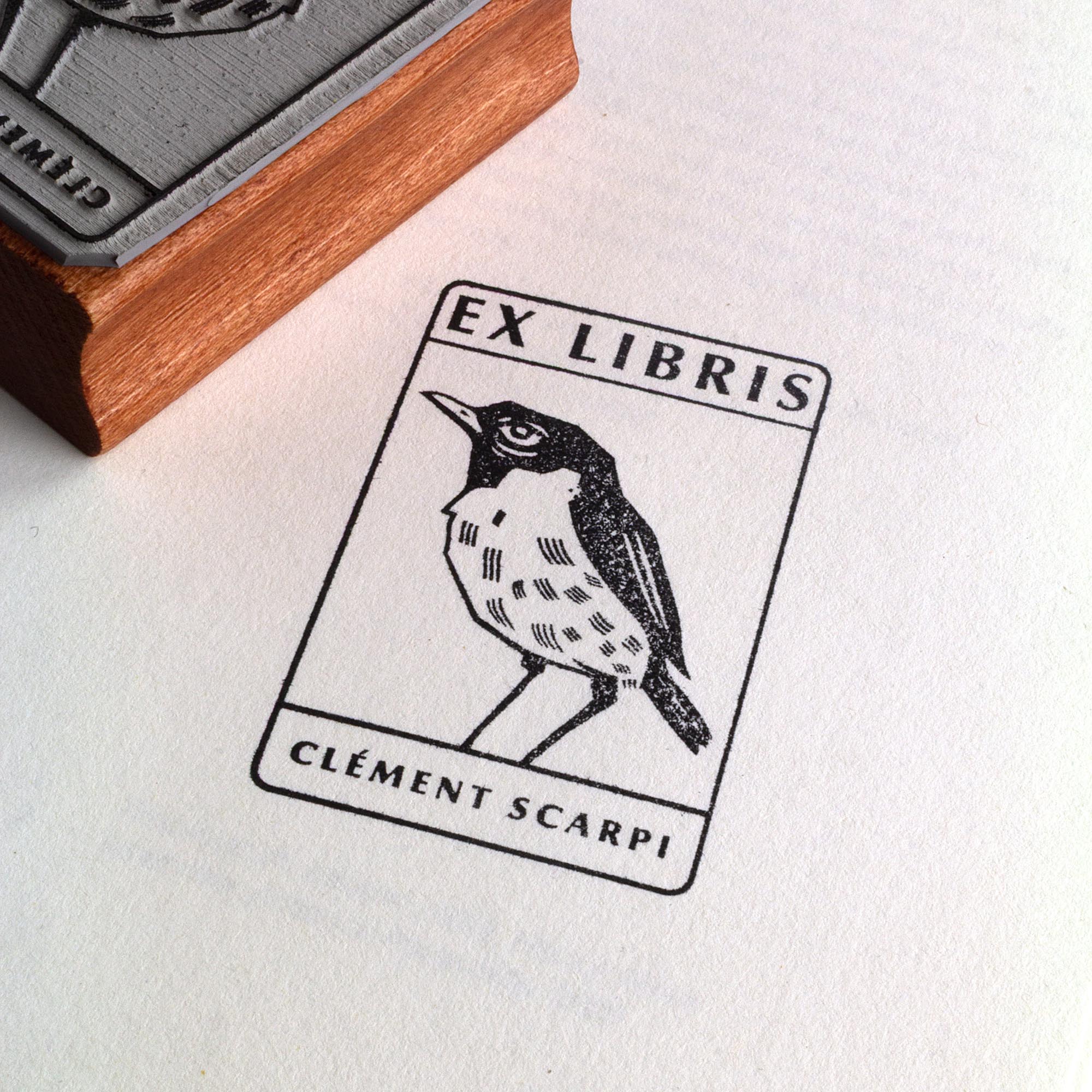 Deux tampons Ex-Libris en bois gravés d'un oiseau, présentés côte à côte au creux de deux mains. Des lignes de texte indiquent la différence de finition : à gauche, le bois a une teinte rousse avec la mention "Vernis Acajou Satin", et à droite, une teinte naturelle claire avec la mention "Vernis Incolore Brillant".
