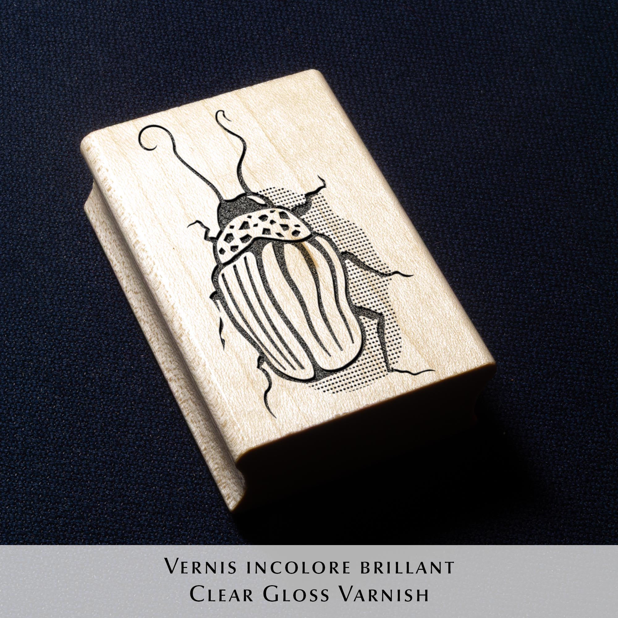 Tampon ex-libris personnalisé en bois et caoutchouc Insect I de Clément Scarpi. Accessoire de papeterie et de bibliothèque pour amoureux des livres représentant l'empreinte gravée d'un scarabée (insecte) sous l'inscription Ex Libris, posé à côté d'un encreur noir sur les pages ouvertes d'un livre.
