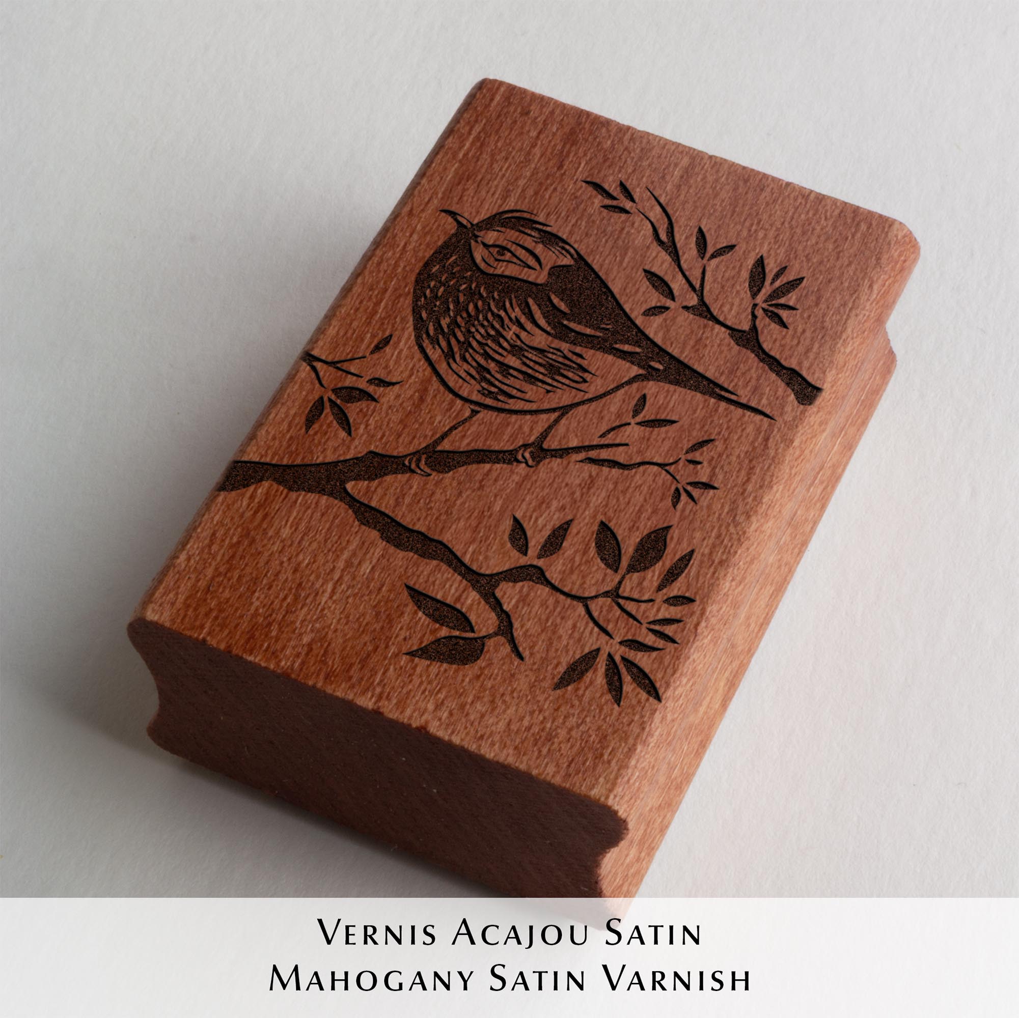 Tampon ex-libris en bois et caoutchouc The Kinglet de Clément Scarpi. Marque-page et accessoire de bibliothèque personnalisé représentant une empreinte de gravure de roitelet (oiseau) sur une branche avec l'inscription Ex Libris, posé sur les pages ouvertes d'un livre.