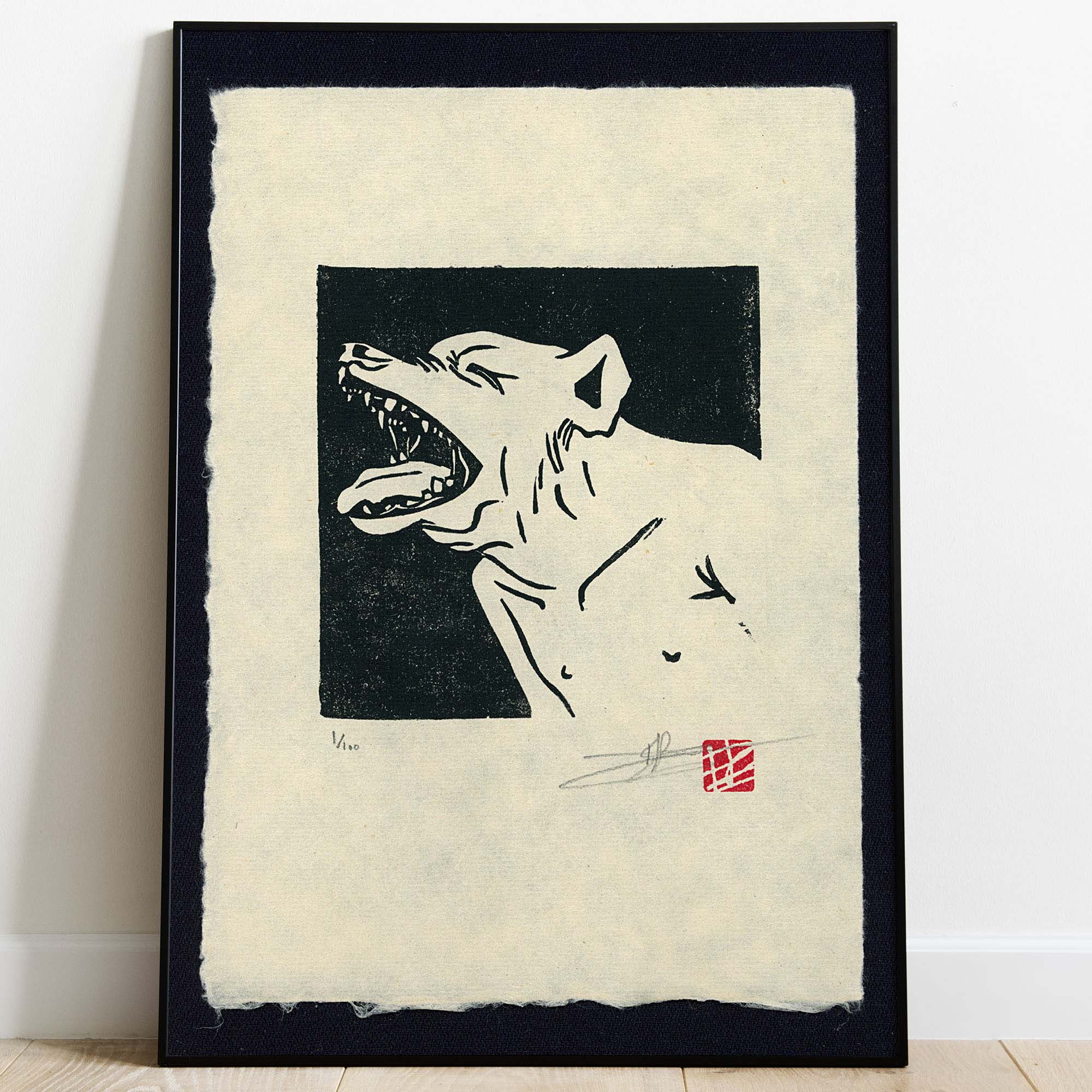 Gravure monochrome Barking Dog par Clément Scarpi, représentant en noir et blanc le profil d'un chien qui aboie la gueule grande ouverte.