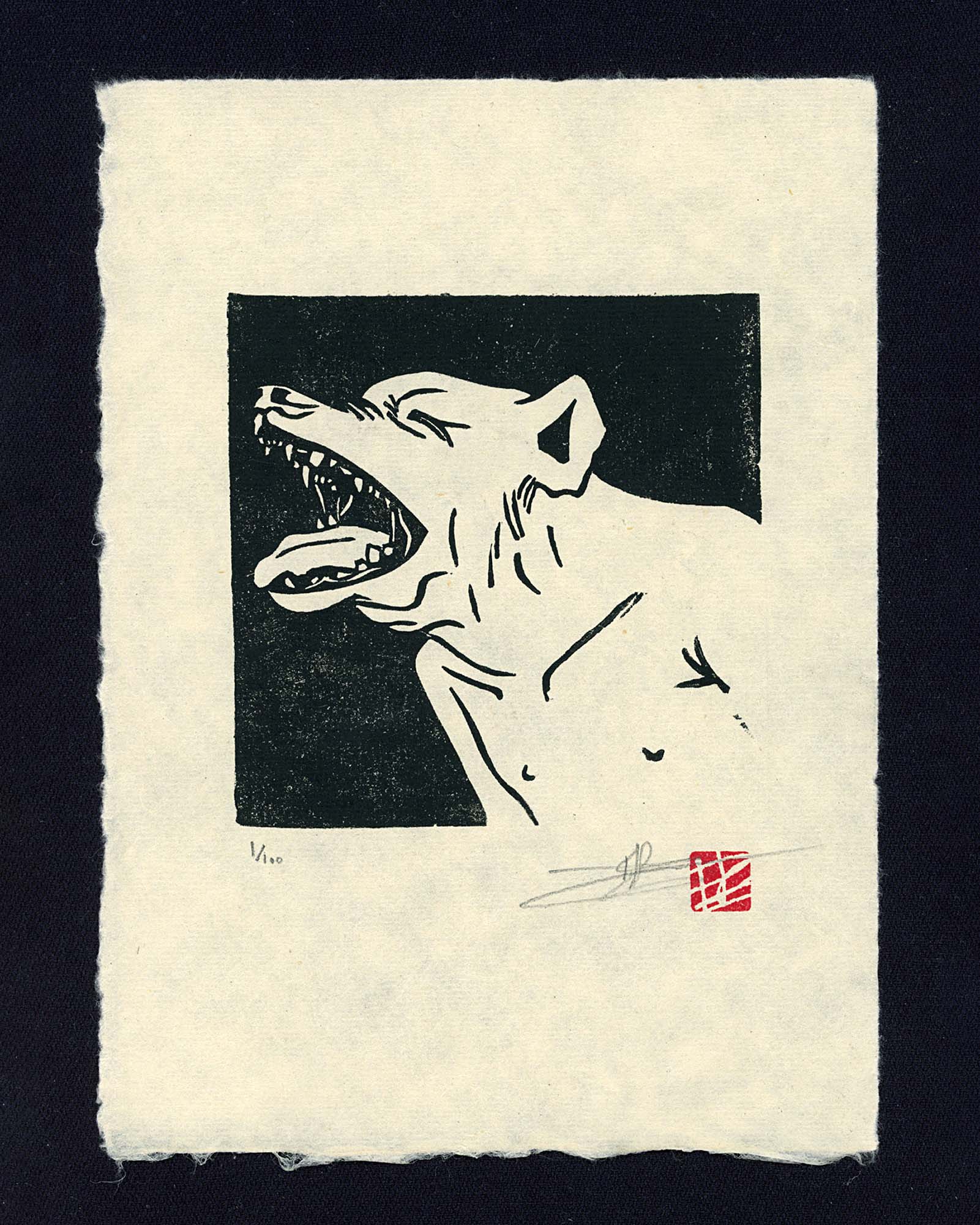Gravure monochrome Barking Dog par Clément Scarpi, représentant en noir et blanc le profil d'un chien qui aboie la gueule grande ouverte.