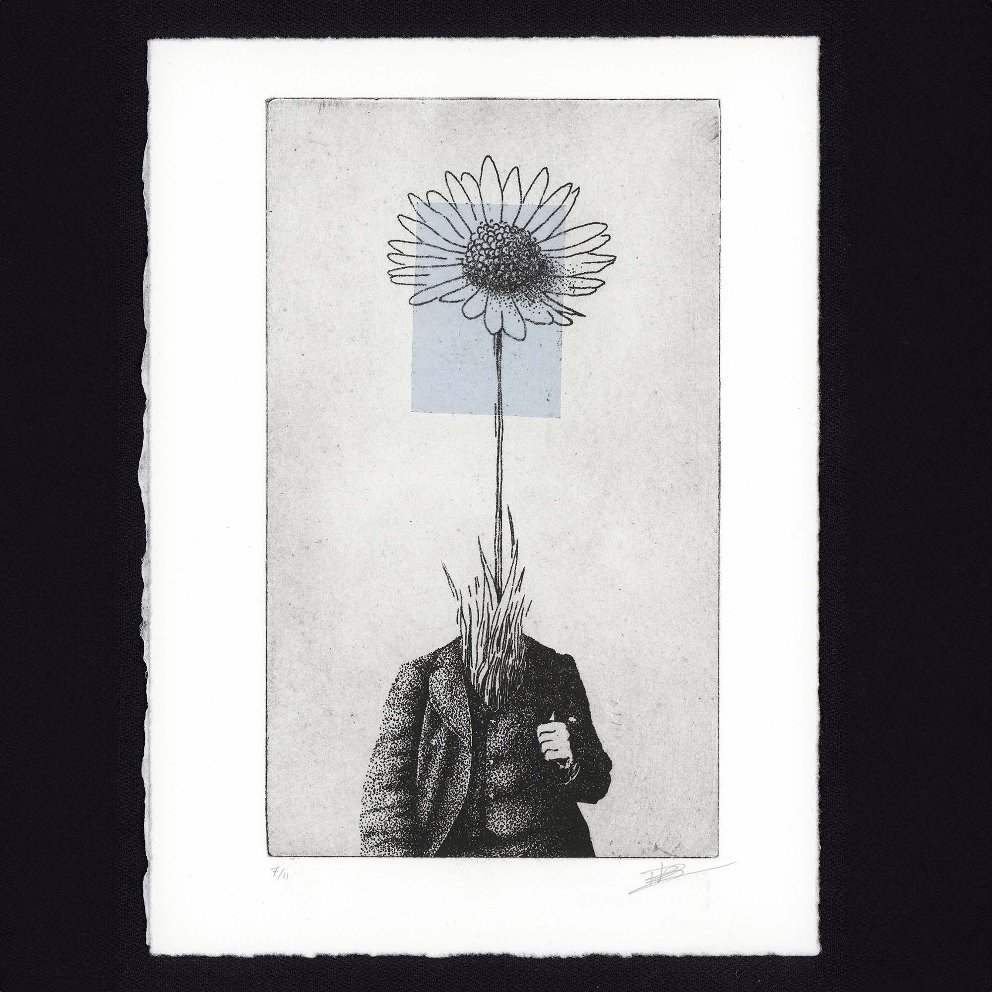 Gravure surréaliste "Bellis perennis" dans un grand cadre noir fin, posée au sol sur un parquet en bois clair contre un mur blanc. L'œuvre verticale montre un personnage en costume dont la tête est remplacée par une grande marguerite sur fond bleu.