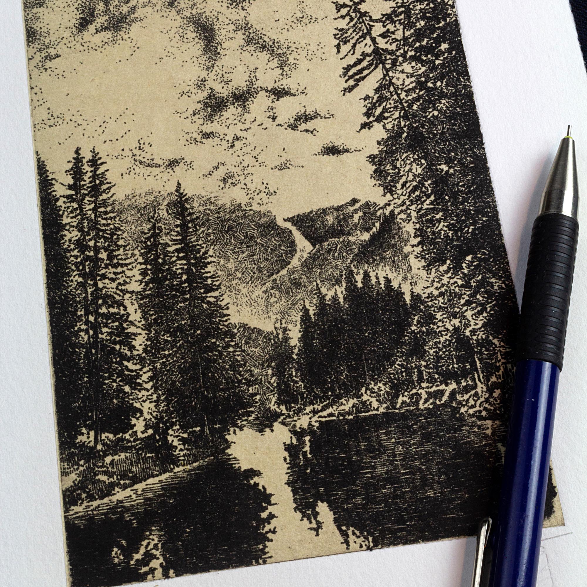 Gravure originale intitulée Landscape I par l'artiste Clément Scarpi, représentant un paysage de forêt de sapins au bord d'un lac avec des montagnes en arrière-plan, imprimée à l'encre sombre sur papier texturé beige aux bords frangés