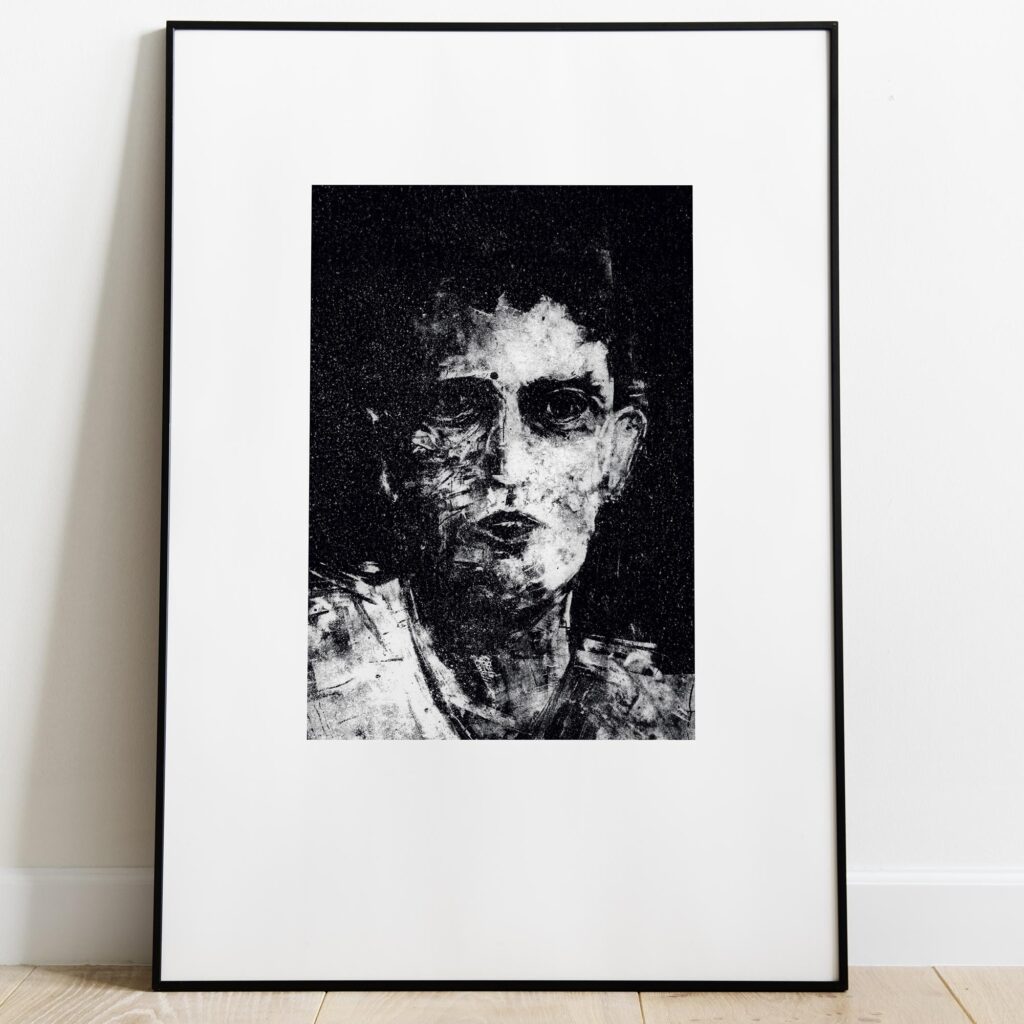 Gravure originale Portrait II par Clément Scarpi, estampe expressionniste noire et blanche au style clair-obscur texturé.