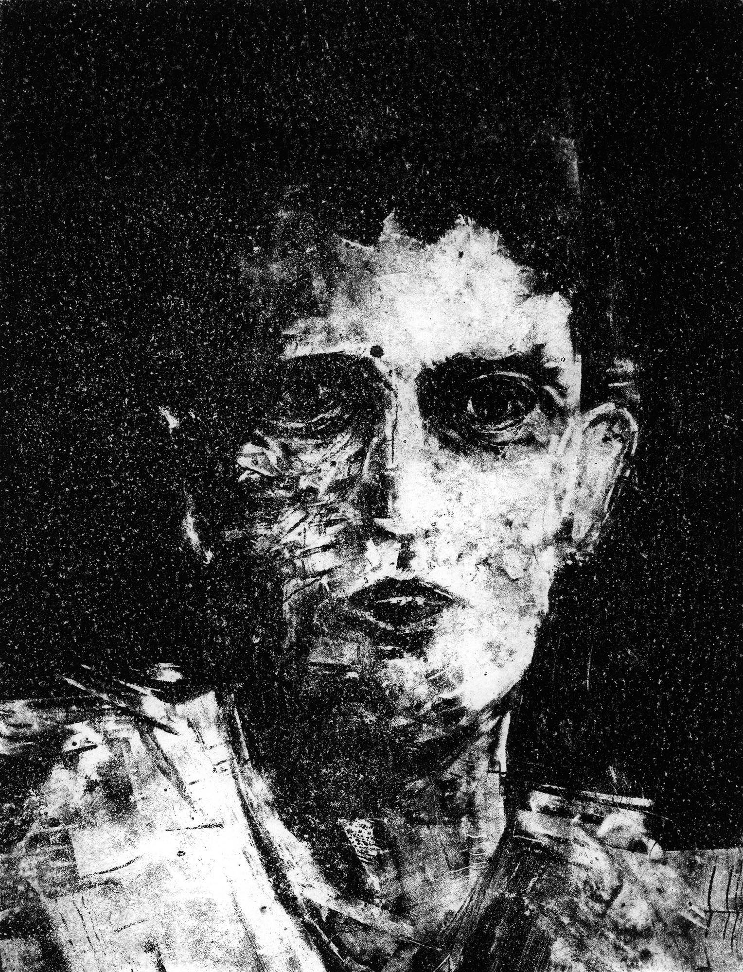 Gravure originale Portrait II par Clément Scarpi, estampe expressionniste noire et blanche au style clair-obscur texturé.