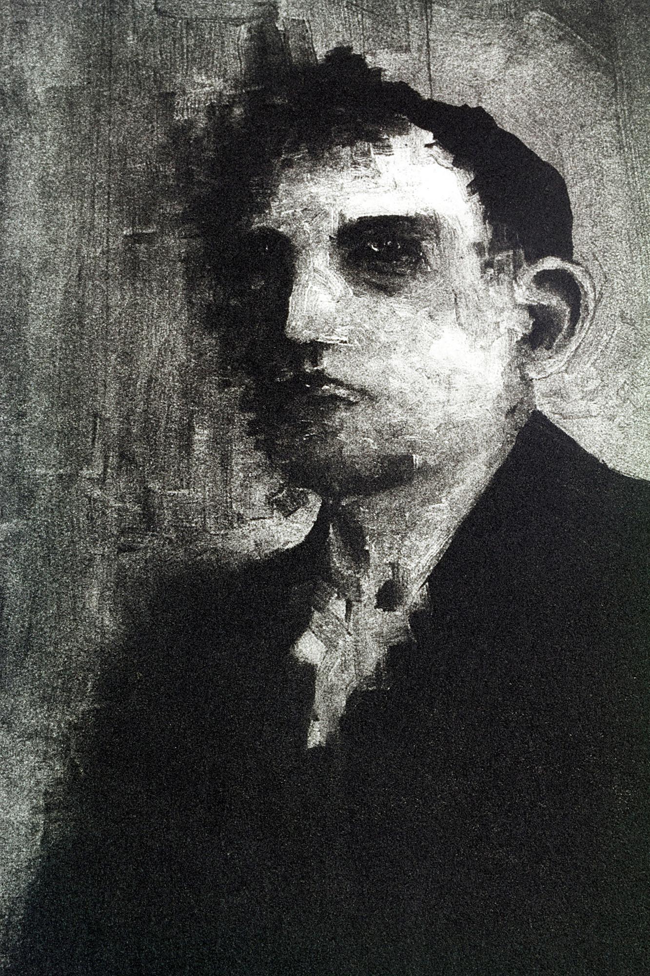 Gravure originale Portrait IV par Clément Scarpi, estampe expressionniste noire et blanche d'un homme en costume, style clair-obscur.