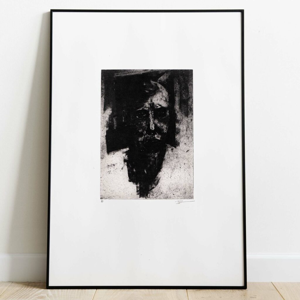 Gravure expressionniste en noir et blanc intitulée "Portrait X", représentant un visage d'homme sombre et texturé, signée de l'artiste et marquée "EA" dans la marge inférieure blanche.