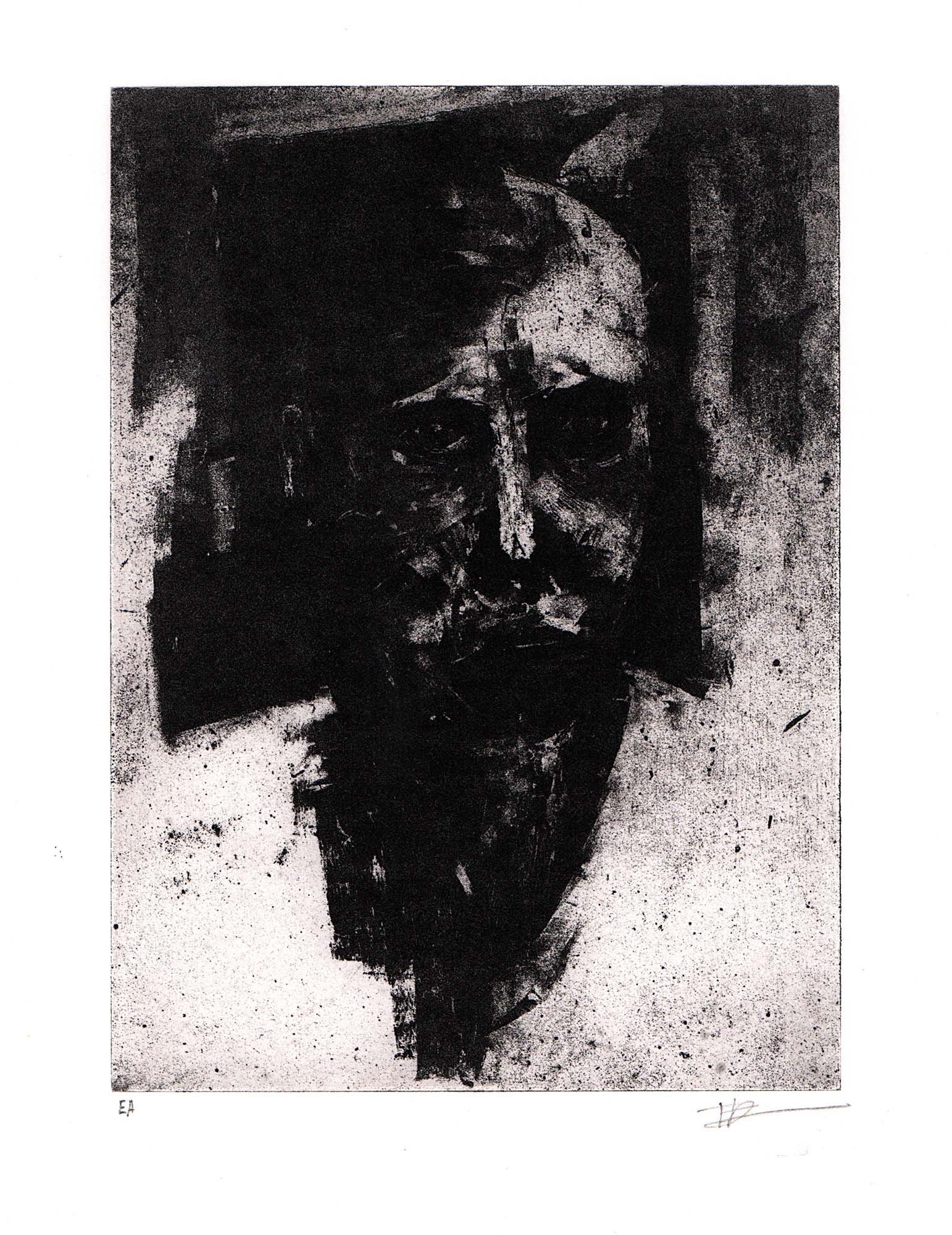 Gravure expressionniste en noir et blanc intitulée "Portrait X", représentant un visage d'homme sombre et texturé, signée de l'artiste et marquée "EA" dans la marge inférieure blanche.