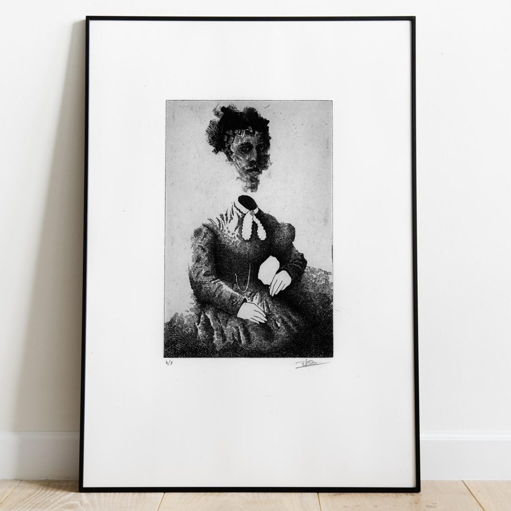 Gravure originale imprimée à la main intitulée Portrait XIX par l'artiste Clément Scarpi, représentant un portrait stylisé en noir et blanc