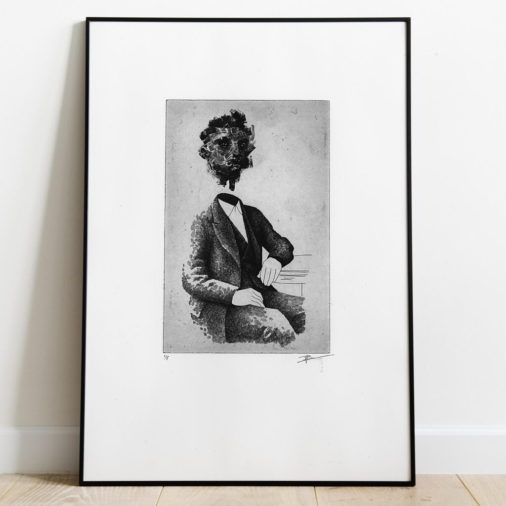 Gravure originale Portrait XVIII par Clément Scarpi, estampe expressionniste noire et blanche d'un homme au visage abstrait.