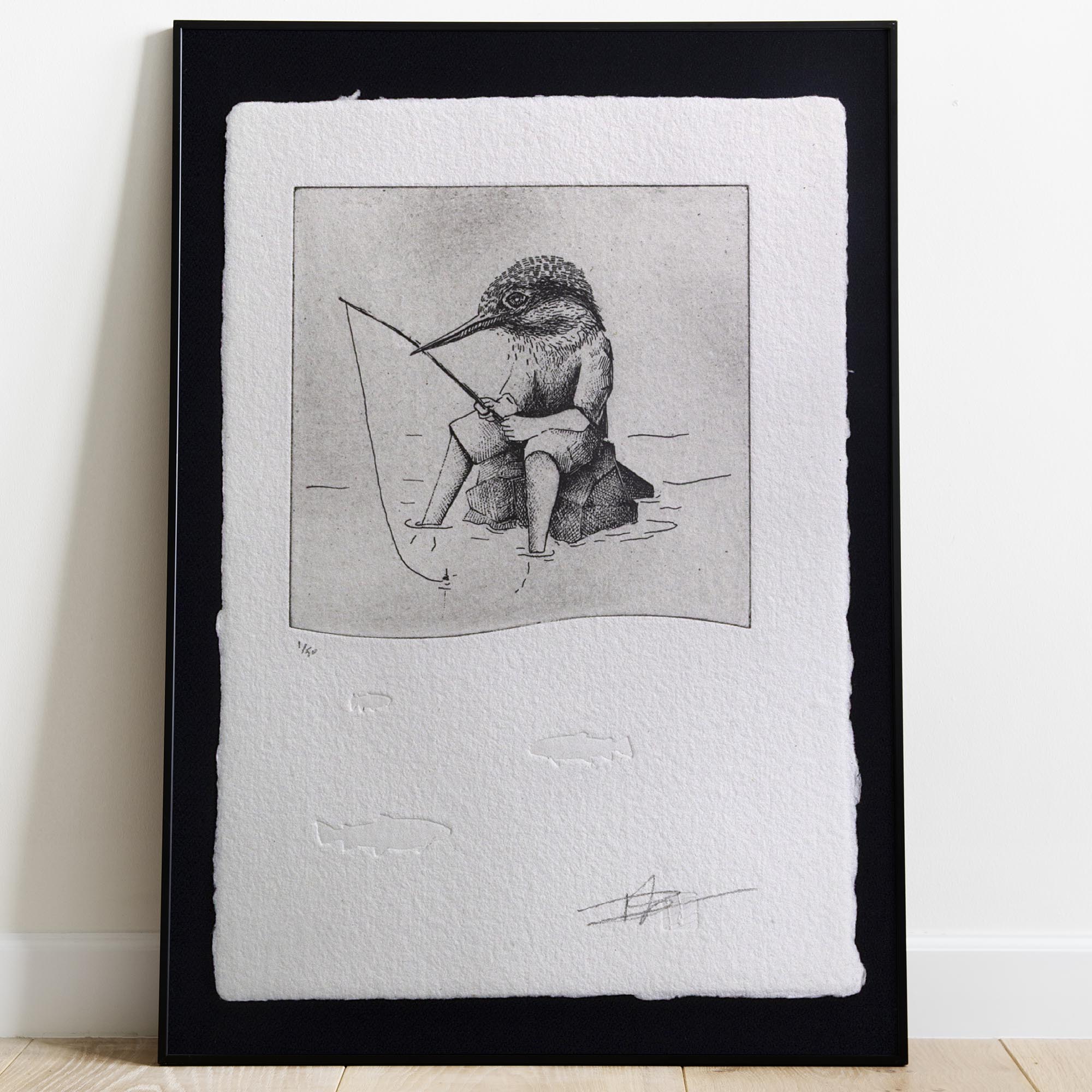 Gravure originale The Kingfisher par Clément Scarpi, estampe noire et blanche martin-pêcheur pour décoration murale