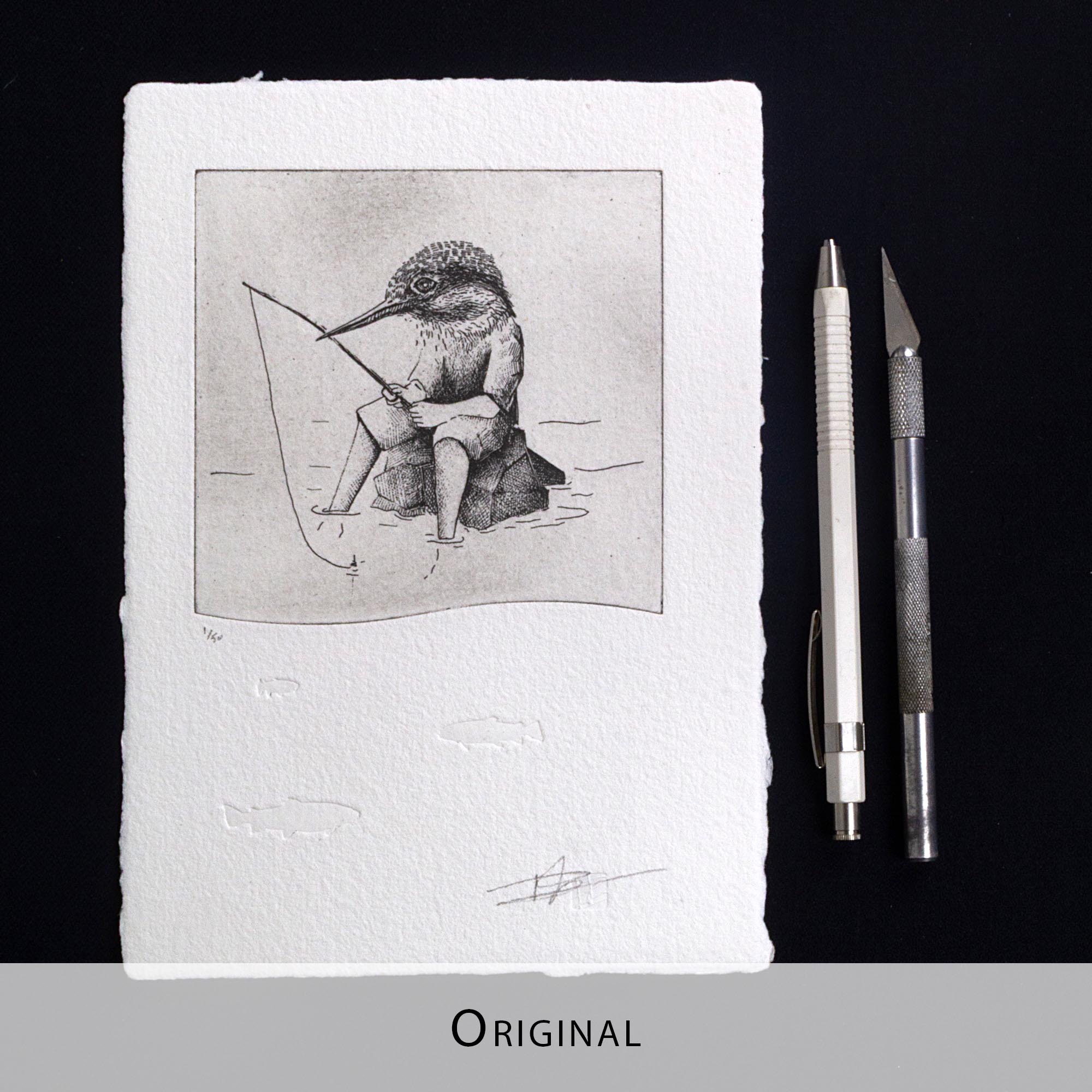 Gravure originale The Kingfisher par Clément Scarpi, estampe noire et blanche martin-pêcheur pour décoration murale
