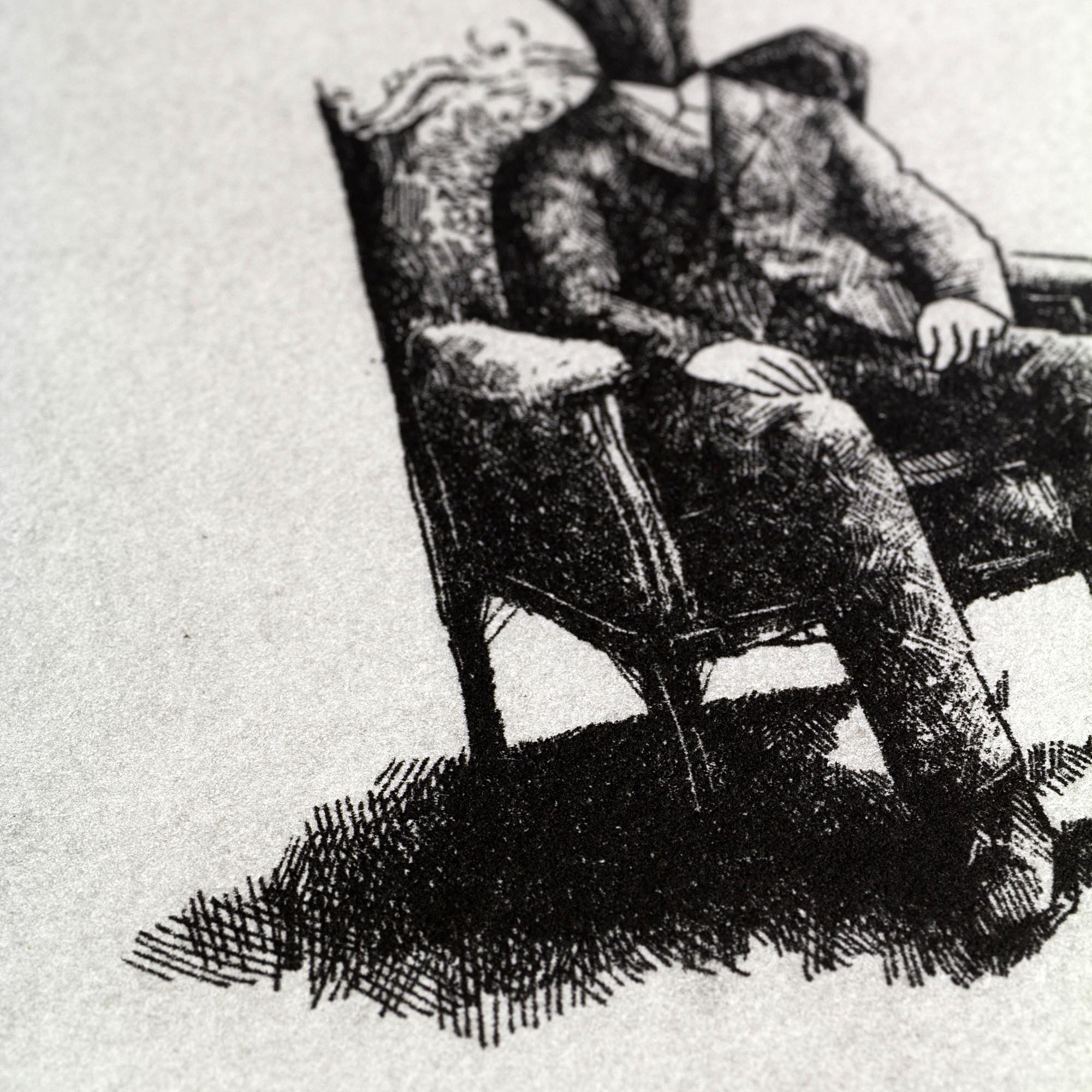 Gravure surréaliste "Mushroomhead III" sur papier d'art blanc aux bords frangés, représentant un homme assis dans un fauteuil avec un bouquet de longs champignons à la place de la tête, signée et numérotée "1/50" au crayon dans la marge inférieure.