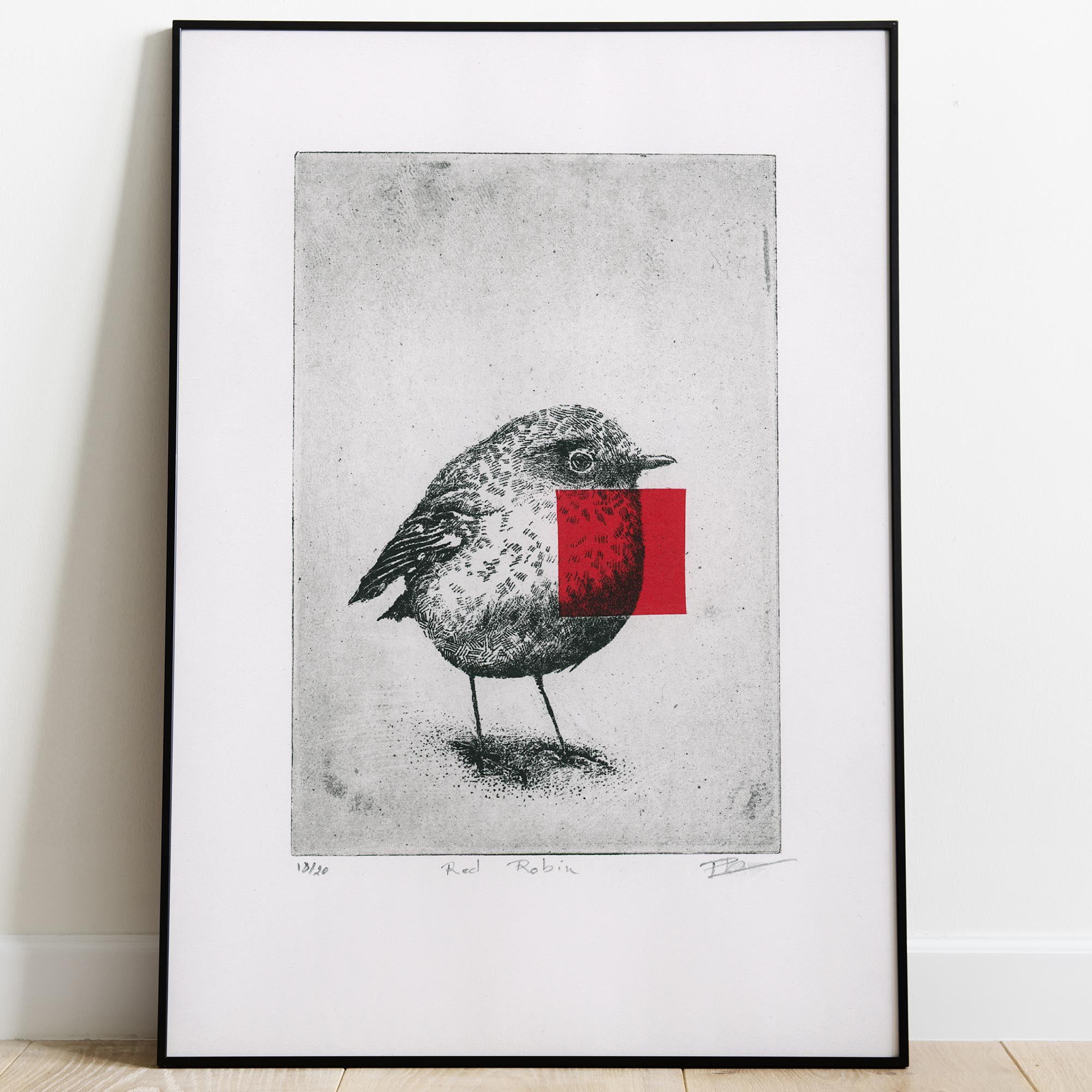 Gravure originale d'art contemporain Red Robin de Clément Scarpi. Estampe d'art en noir et blanc représentant un oiseau rouge-gorge détaillé avec un carré rouge vif superposé sur sa poitrine (technique du chine-collé), numérotée et signée à la main, présentée dans un cadre noir minimaliste.