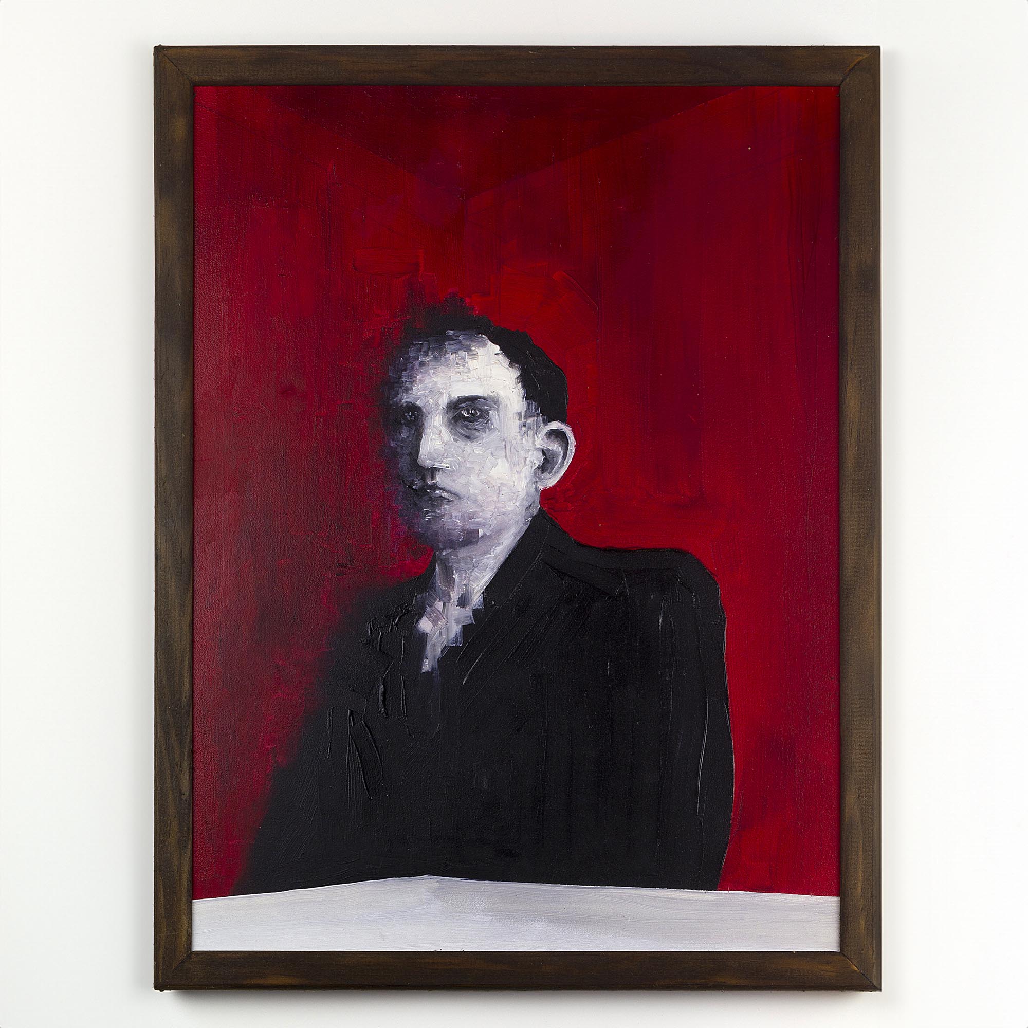Peinture à l'huile originale Man at the table par Clément Scarpi, tableau expressionniste d'un homme en costume sur fond rouge.