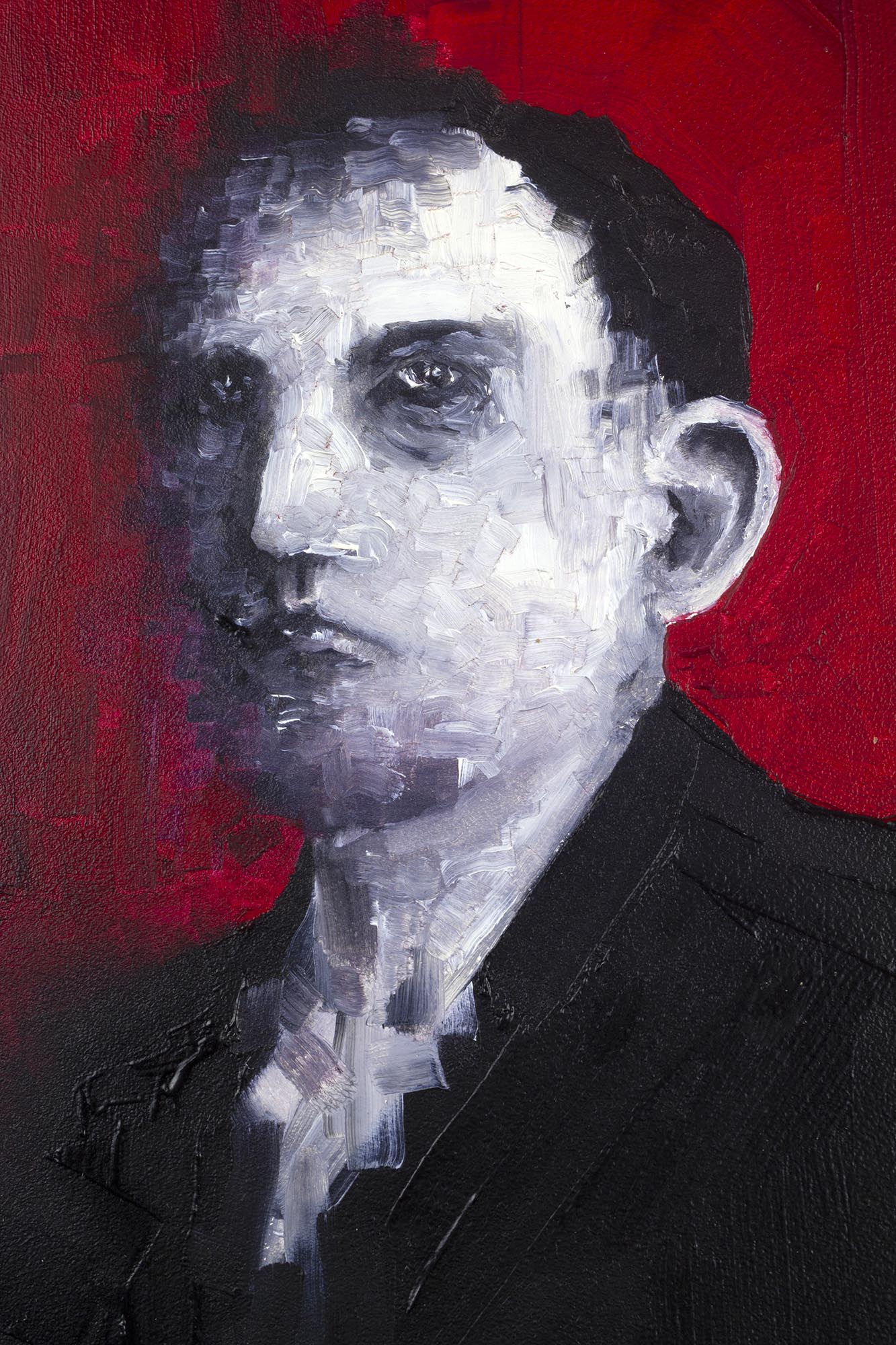 Peinture à l'huile originale Man at the table par Clément Scarpi, tableau expressionniste d'un homme en costume sur fond rouge.