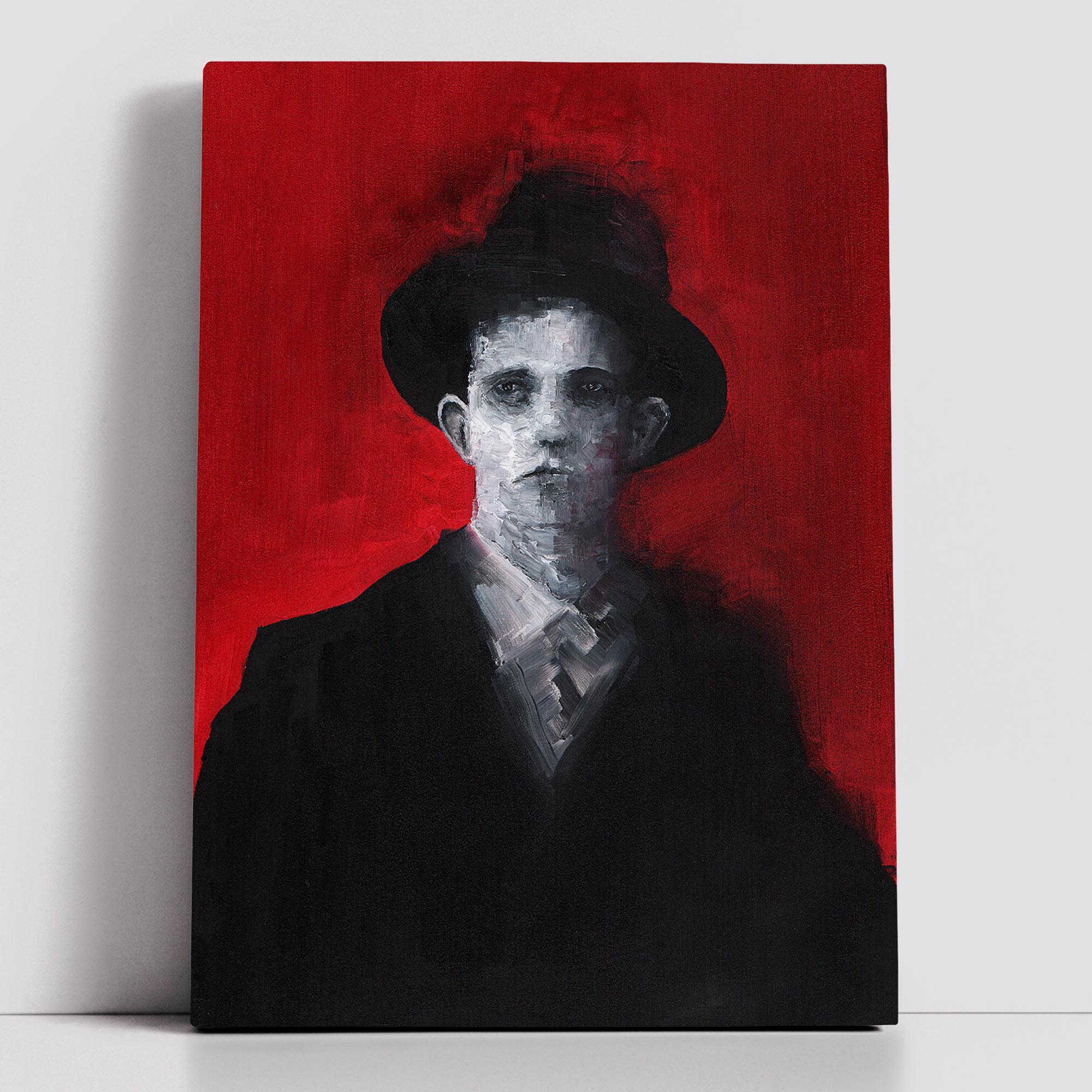 Peinture à l'huile originale Man with a hat par Clément Scarpi, tableau expressionniste d'un homme au chapeau sur fond rouge vif.