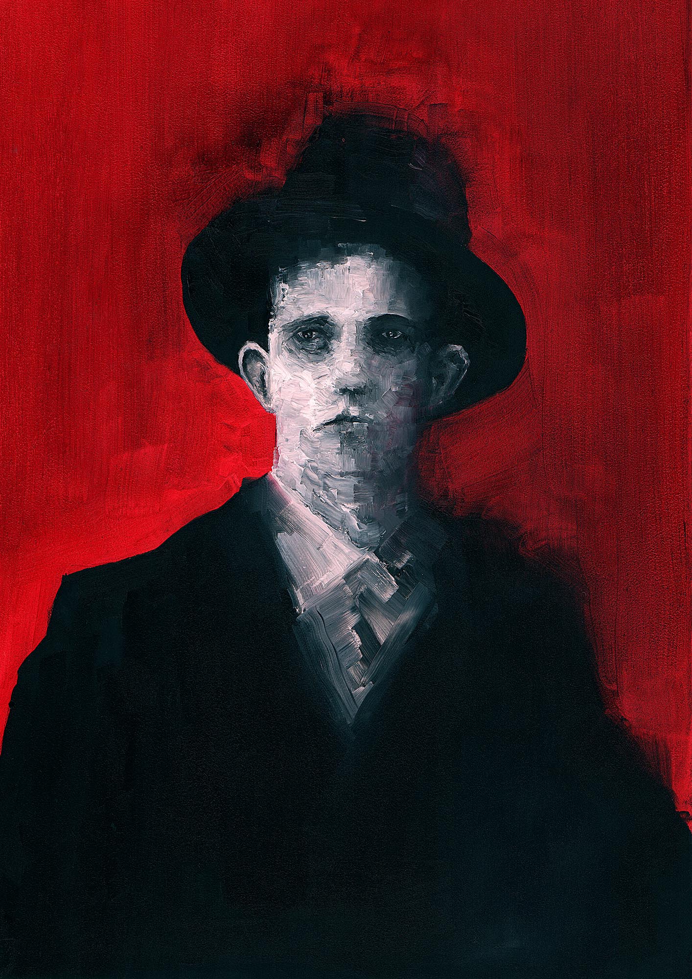 Peinture à l'huile originale Man with a hat par Clément Scarpi, tableau expressionniste d'un homme au chapeau sur fond rouge vif.