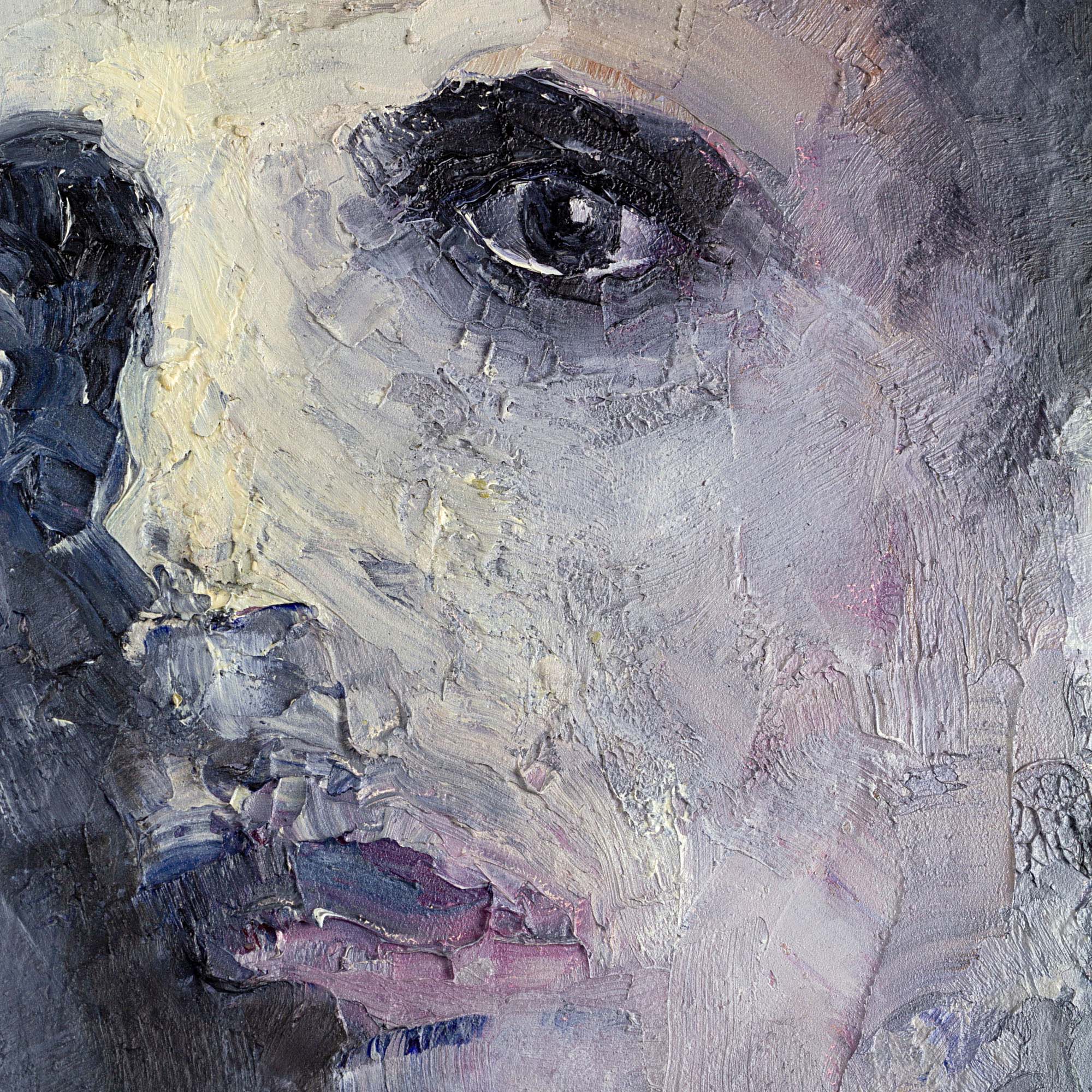 Tableau à l’huile expressionniste "Portrait XIV" représentant un visage mélancolique et texturé dans des tons froids, bleu, gris et noir.