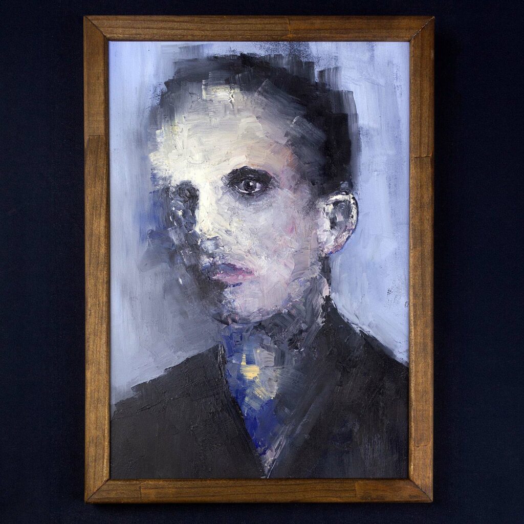 Tableau à l’huile expressionniste "Portrait XIV" représentant un visage mélancolique et texturé dans des tons froids, bleu, gris et noir.