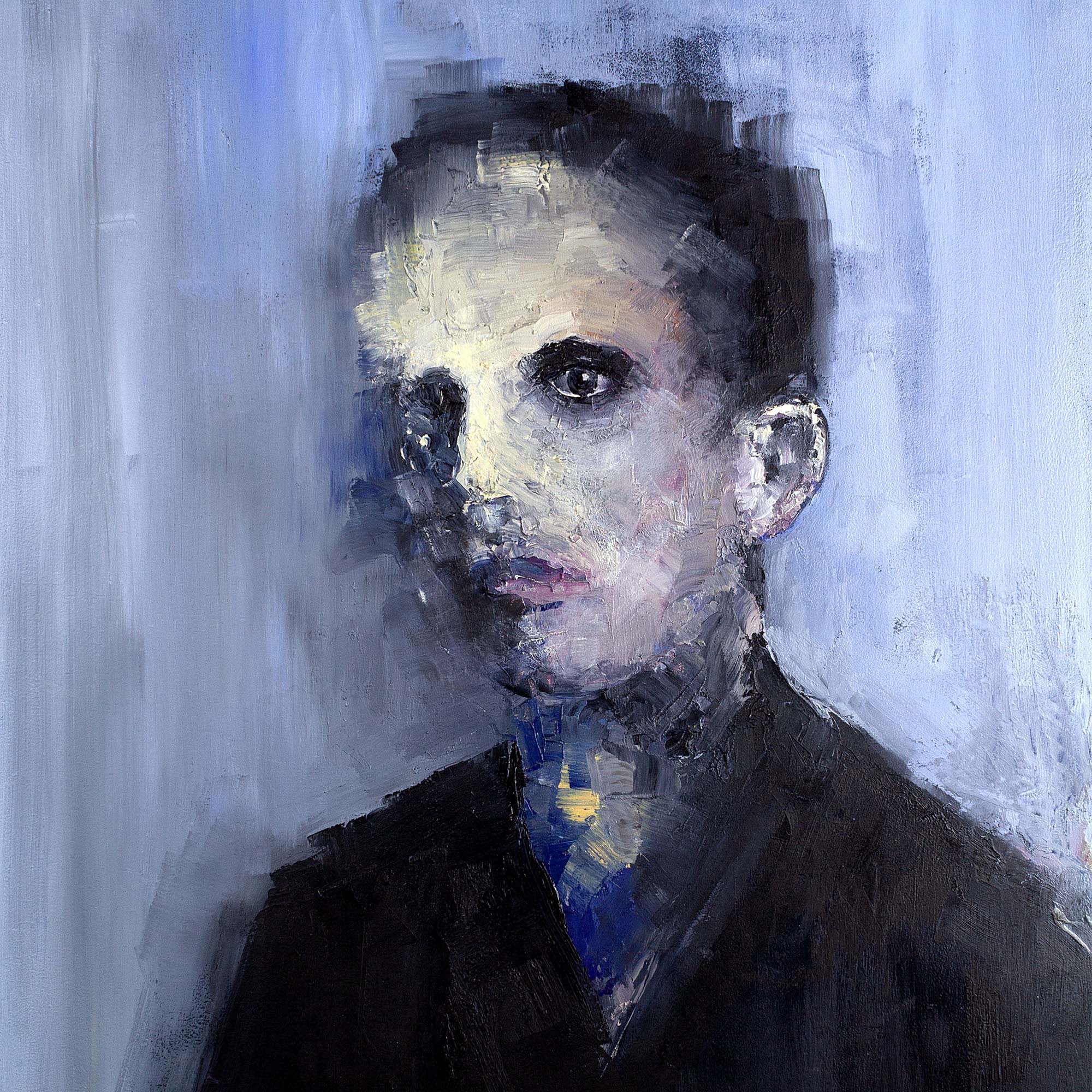 Tableau à l’huile expressionniste "Portrait XIV" représentant un visage mélancolique et texturé dans des tons froids, bleu, gris et noir.