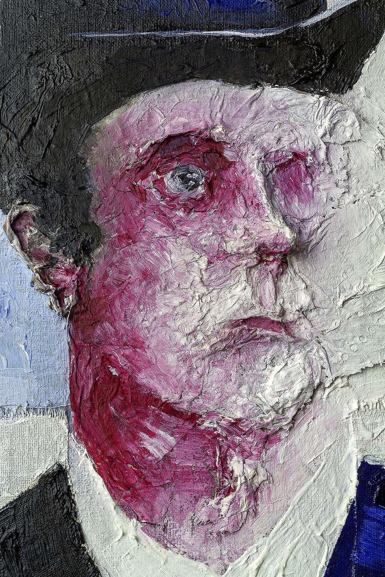 Peinture expressionniste Portrait XXIII par Clément Scarpi, représentant un homme au chapeau melon avec un visage partiellement effacé et texturé.