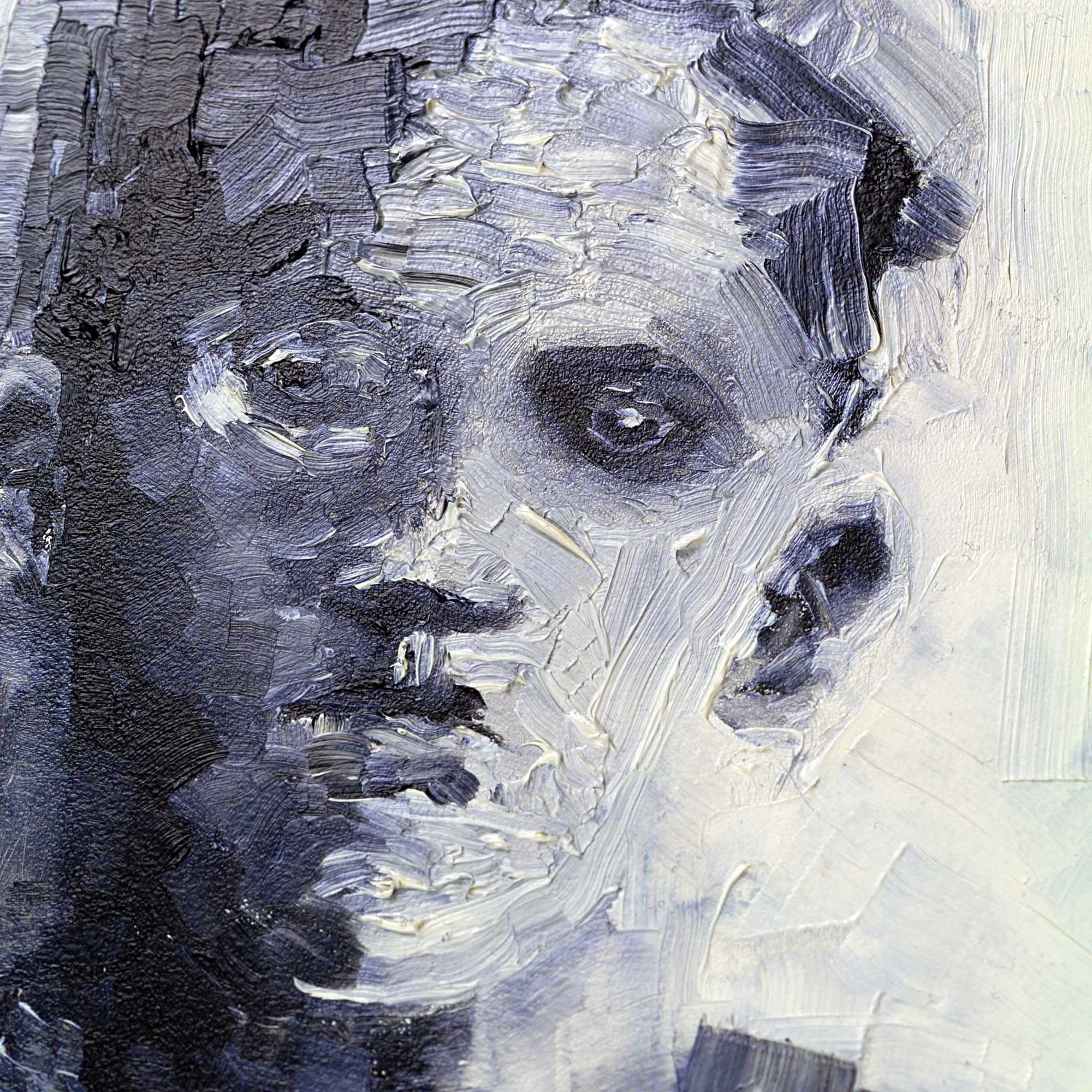 Peinture originale « The sailor (Le marin) » par l'artiste Clément Scarpi. Portrait expressif d'un jeune marin en uniforme sombre aux bras croisés, réalisé avec des touches de pinceau épaisses et dynamiques. Tableau présenté dans un cadre en bois marron rustique.