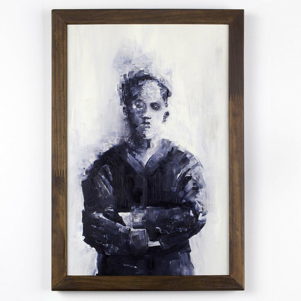 Peinture originale « The sailor (Le marin) » par l'artiste Clément Scarpi. Portrait expressif d'un jeune marin en uniforme sombre aux bras croisés, réalisé avec des touches de pinceau épaisses et dynamiques. Tableau présenté dans un cadre en bois marron rustique.