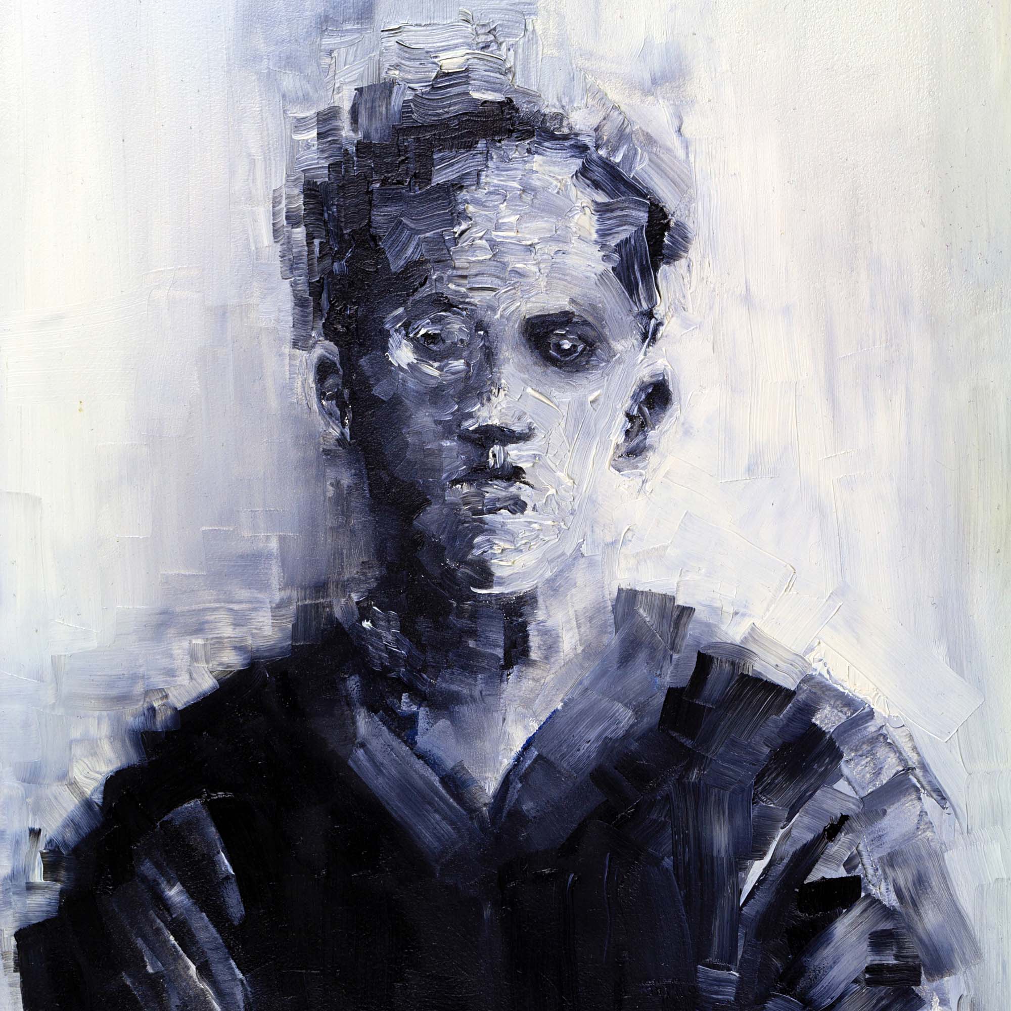 Peinture originale « The sailor (Le marin) » par l'artiste Clément Scarpi. Portrait expressif d'un jeune marin en uniforme sombre aux bras croisés, réalisé avec des touches de pinceau épaisses et dynamiques. Tableau présenté dans un cadre en bois marron rustique.