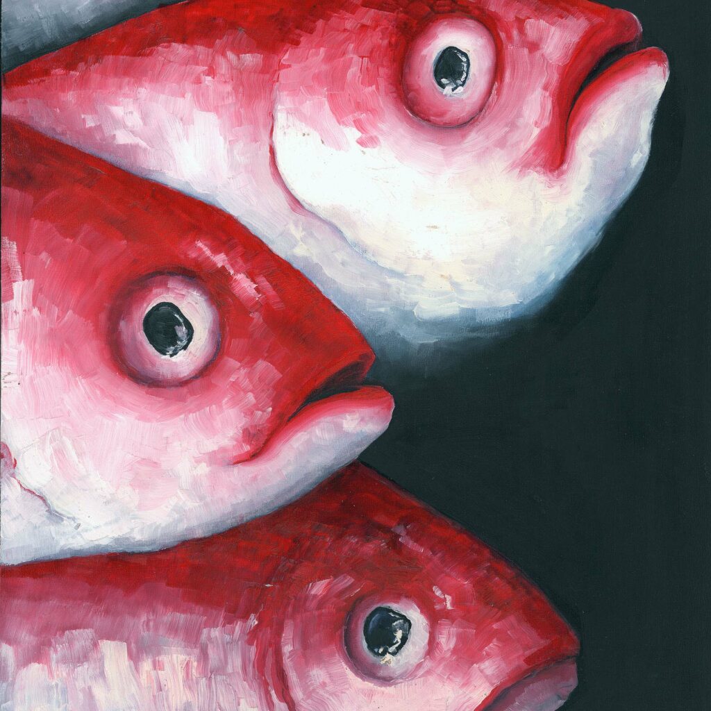 Peinture à l'huile originale intitulée Poisson 1 par Clément Scarpi, représentant un poisson stylisé aux tons vifs sur fond contrasté.