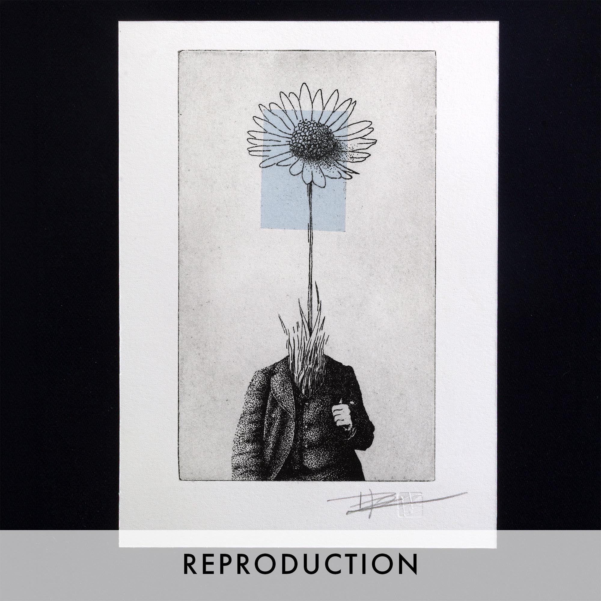 Gravure surréaliste "Bellis perennis" dans un grand cadre noir fin, posée au sol sur un parquet en bois clair contre un mur blanc. L'œuvre verticale montre un personnage en costume dont la tête est remplacée par une grande marguerite sur fond bleu.