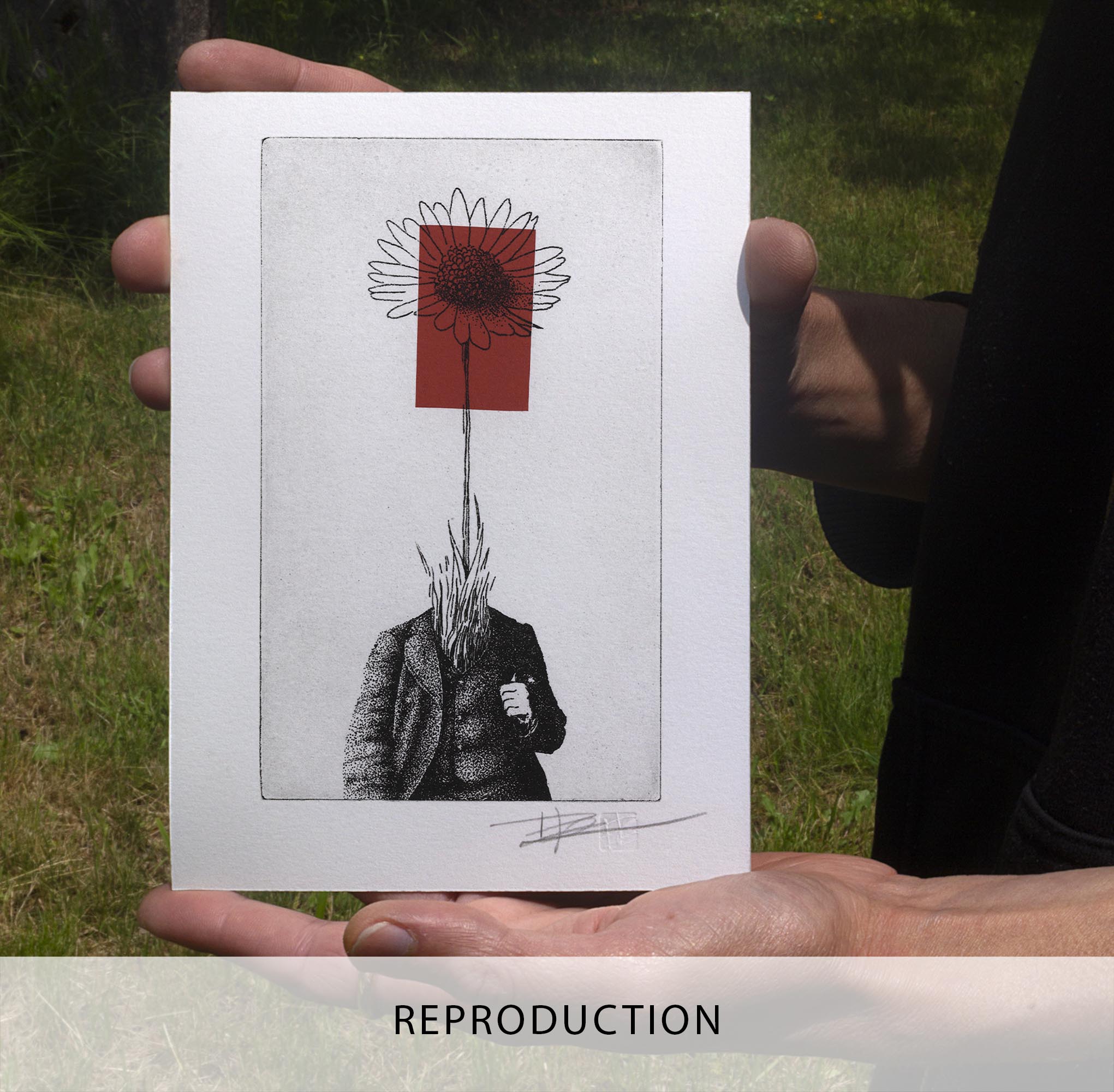 Gravure surréaliste "Bellis perennis" dans un grand cadre noir fin, posée au sol sur un parquet en bois clair contre un mur blanc. L'œuvre verticale montre un personnage en costume dont la tête est remplacée par une grande marguerite sur fond rouge.