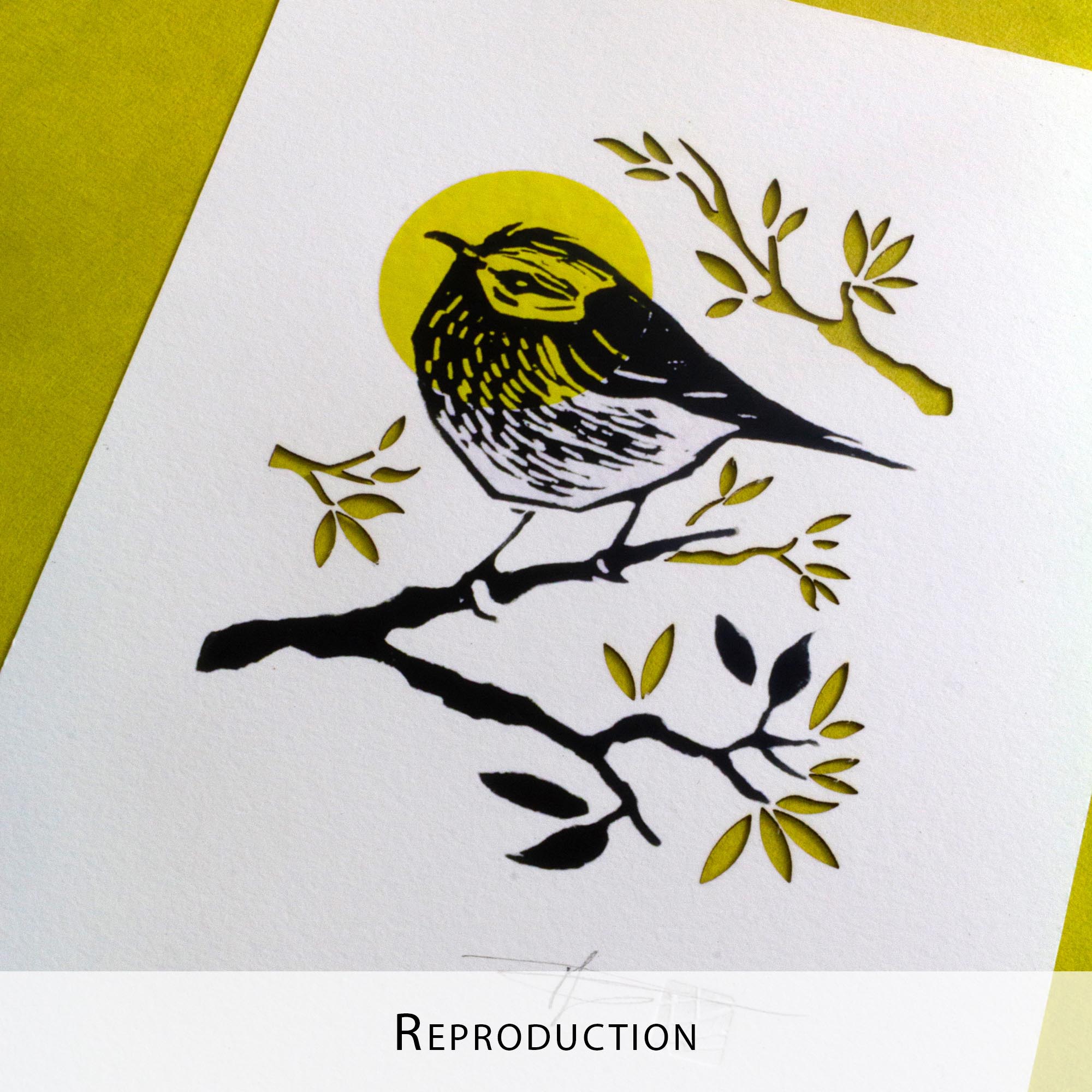 Gravure "Golden Crown Kinglet" sur papier d'art blanc épais et texturé à bords frangés, présentée dans un cadre noir texturé, posée sur un parquet en bois clair contre un mur blanc.