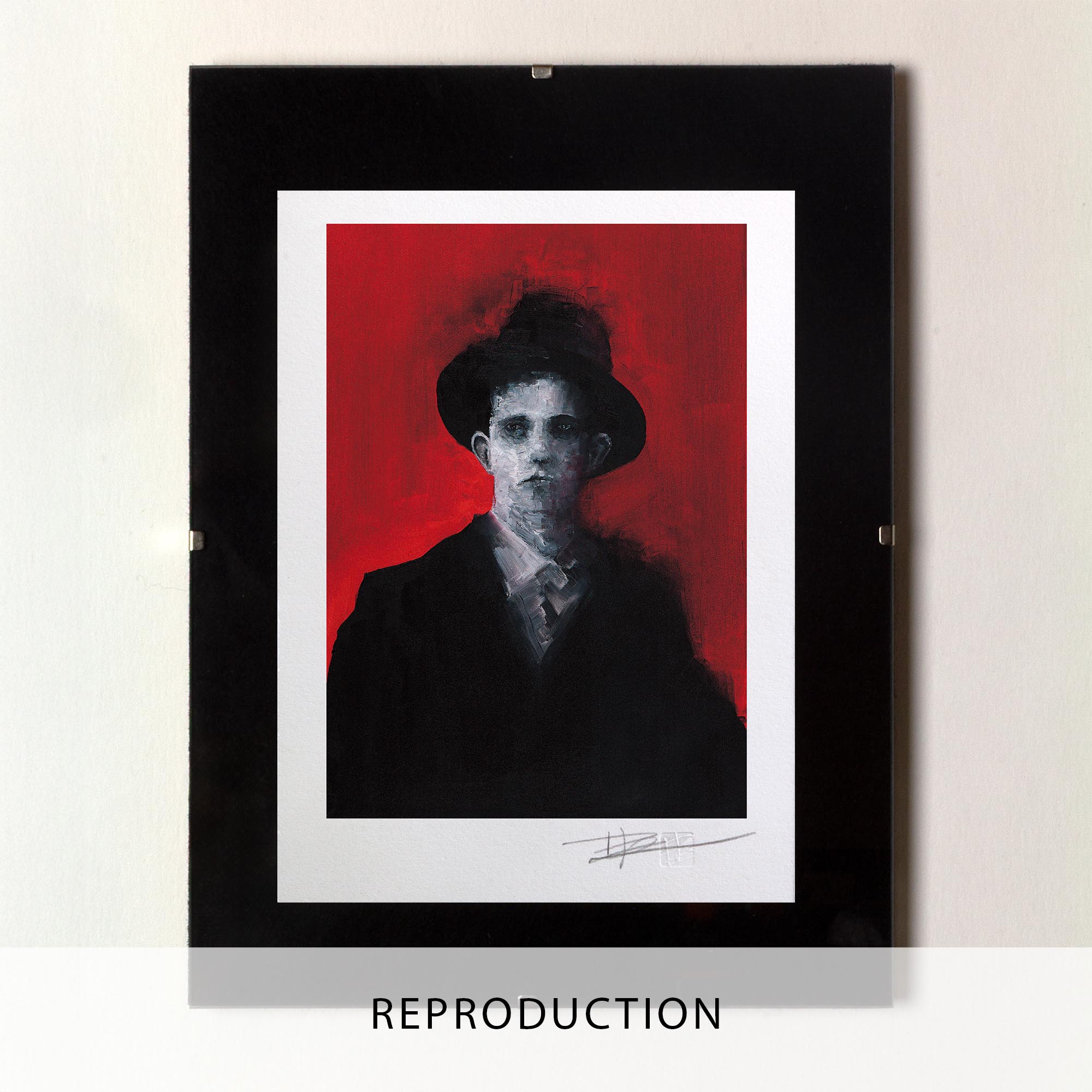 Peinture à l'huile originale Man with a hat par Clément Scarpi, tableau expressionniste d'un homme au chapeau sur fond rouge vif.