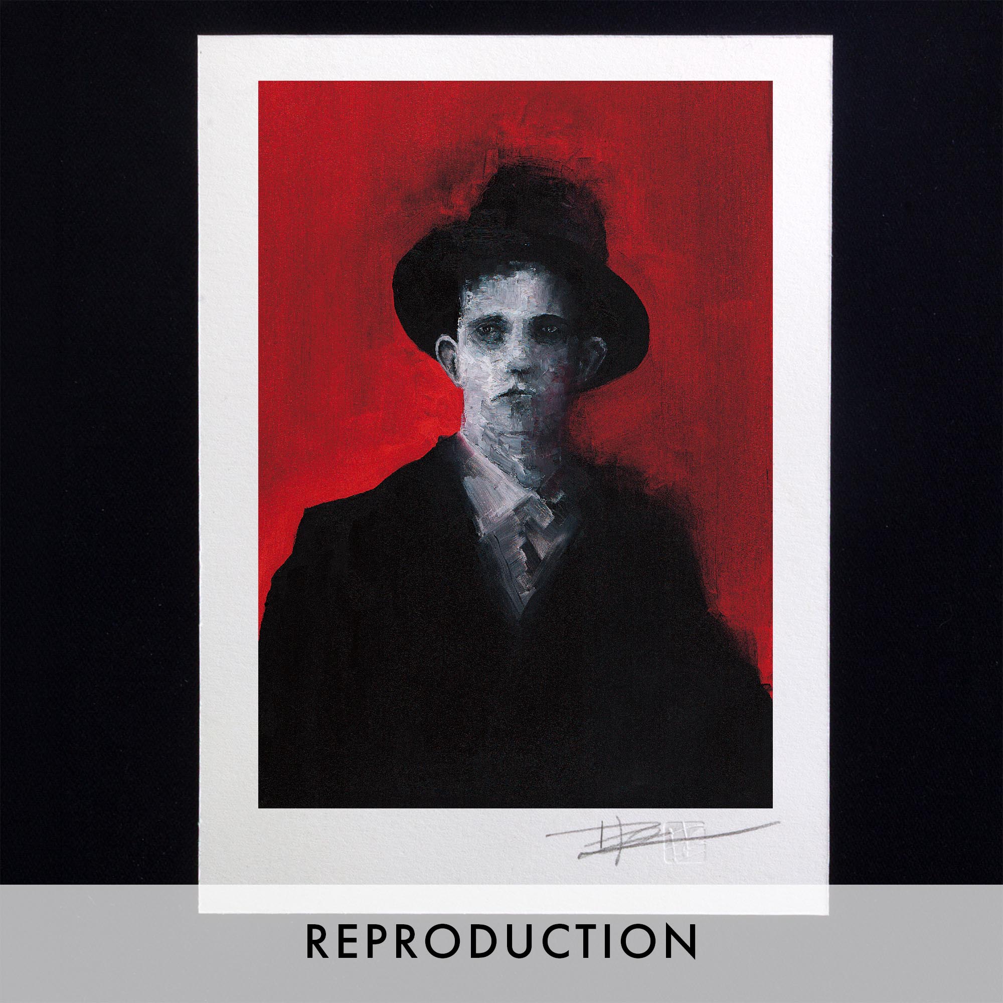 Peinture à l'huile originale Man with a hat par Clément Scarpi, tableau expressionniste d'un homme au chapeau sur fond rouge vif.