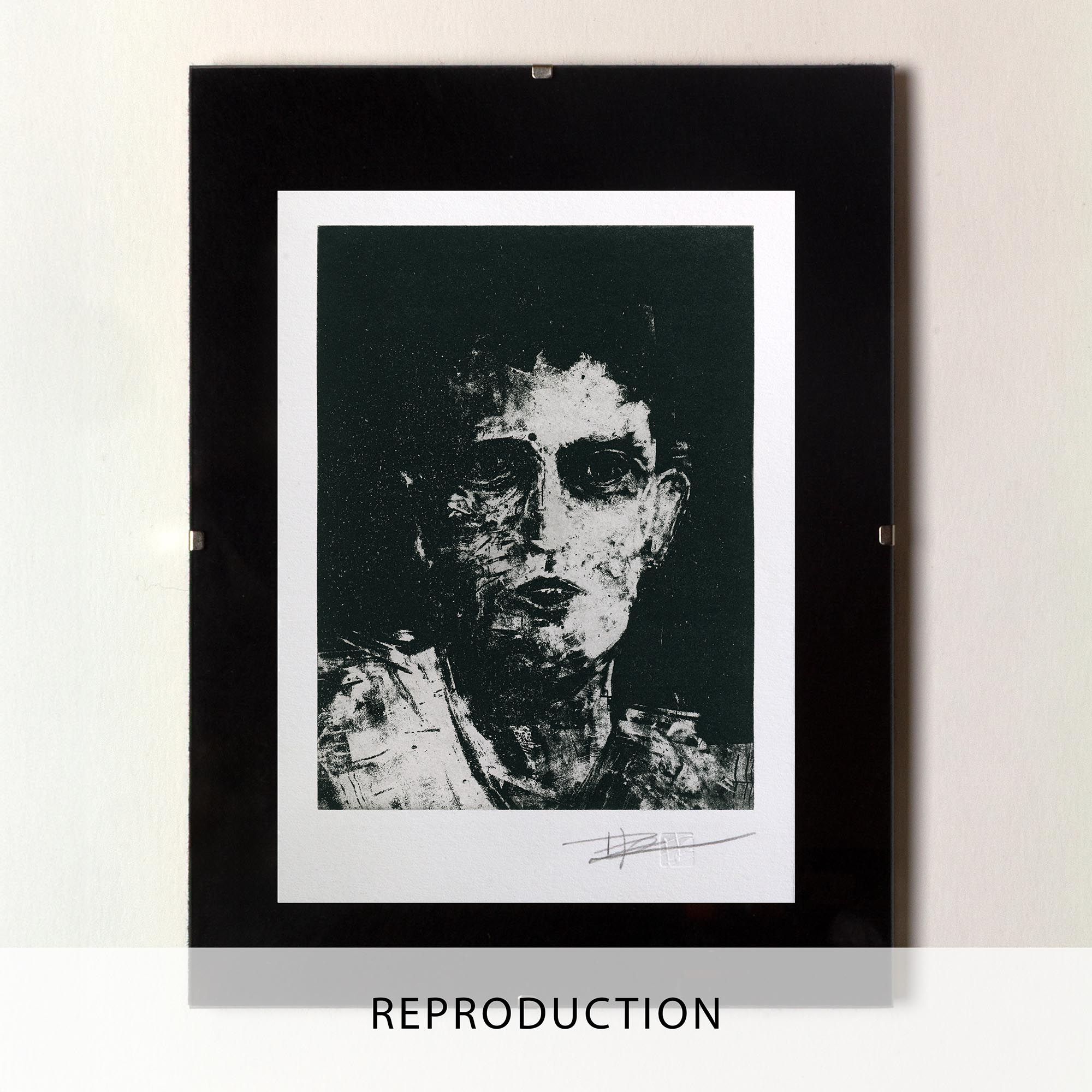 Gravure originale Portrait II par Clément Scarpi, estampe expressionniste noire et blanche au style clair-obscur texturé.