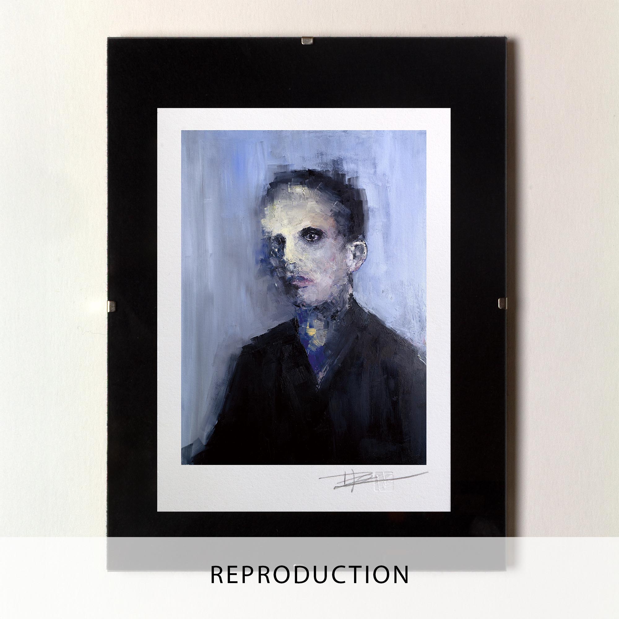 Tableau à l’huile expressionniste "Portrait XIV" représentant un visage mélancolique et texturé dans des tons froids, bleu, gris et noir.