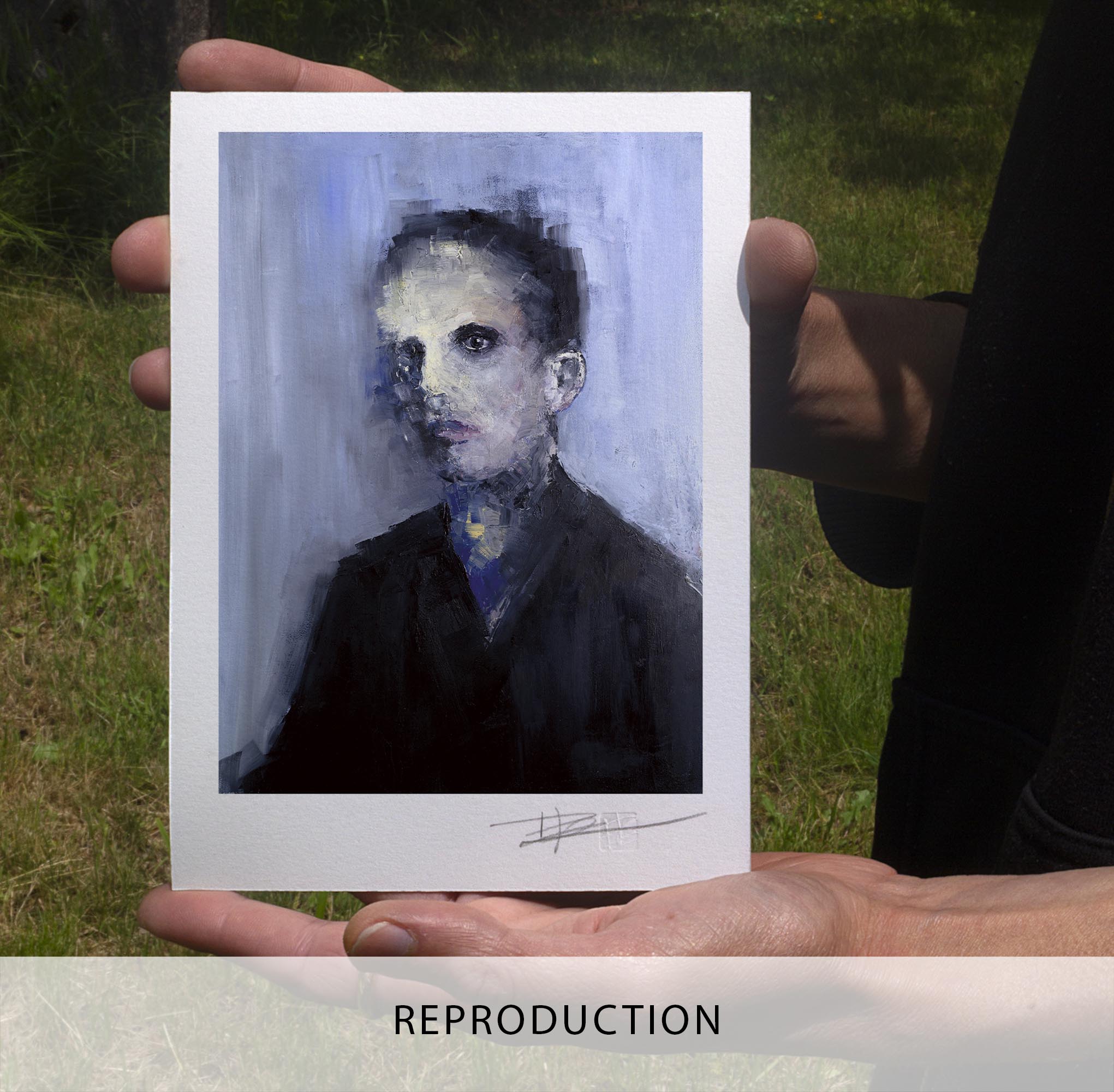 Tableau à l’huile expressionniste "Portrait XIV" représentant un visage mélancolique et texturé dans des tons froids, bleu, gris et noir.