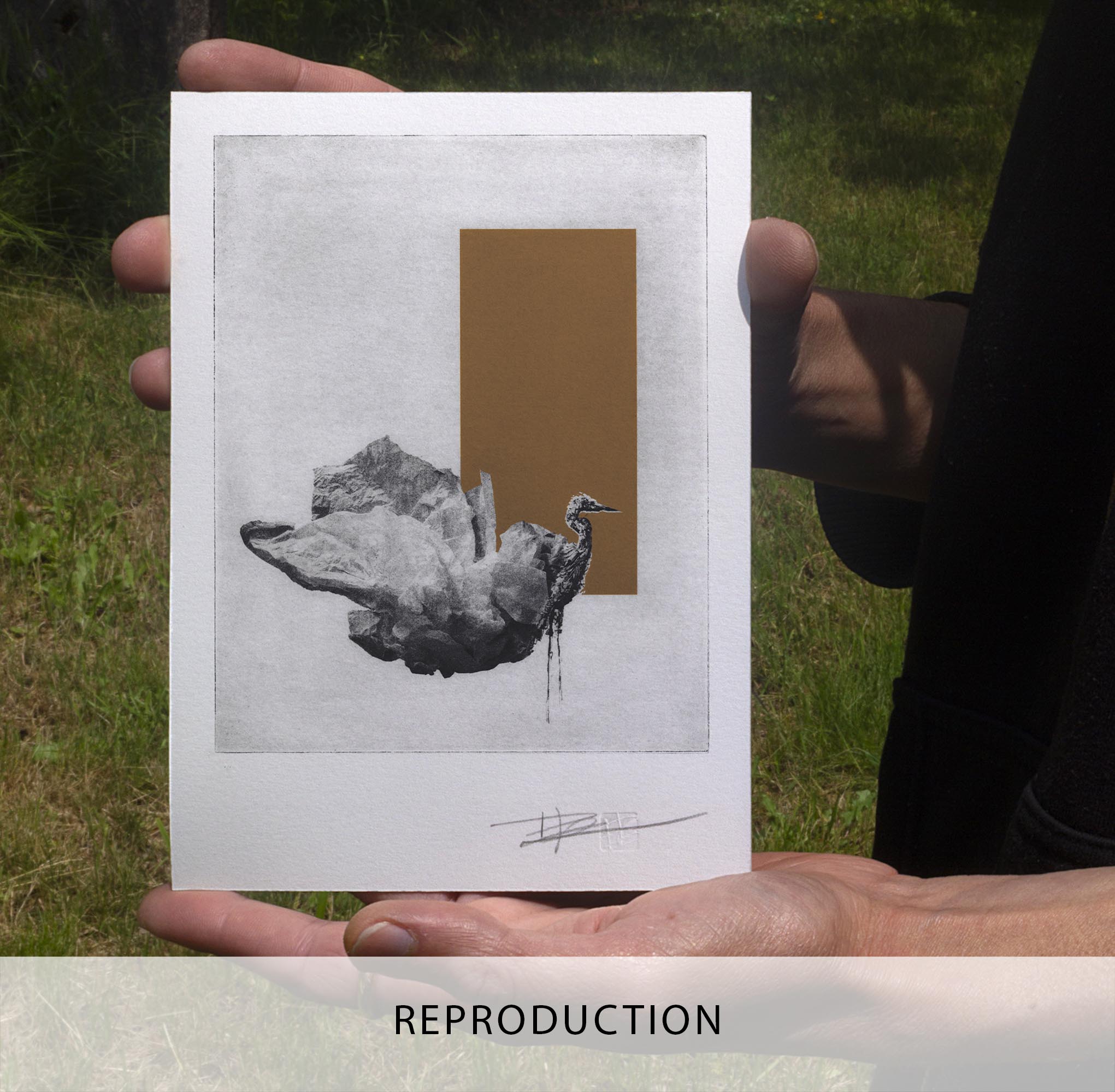 Gravure originale en édition limitée « The Crane (la grue) » par l'artiste Clément Scarpi. Estampe contemporaine représentant une grue émergeant d'une forme minérale, surmontée d'un rectangle marron terre de Sienne. Œuvre signée présentée dans un cadre noir.