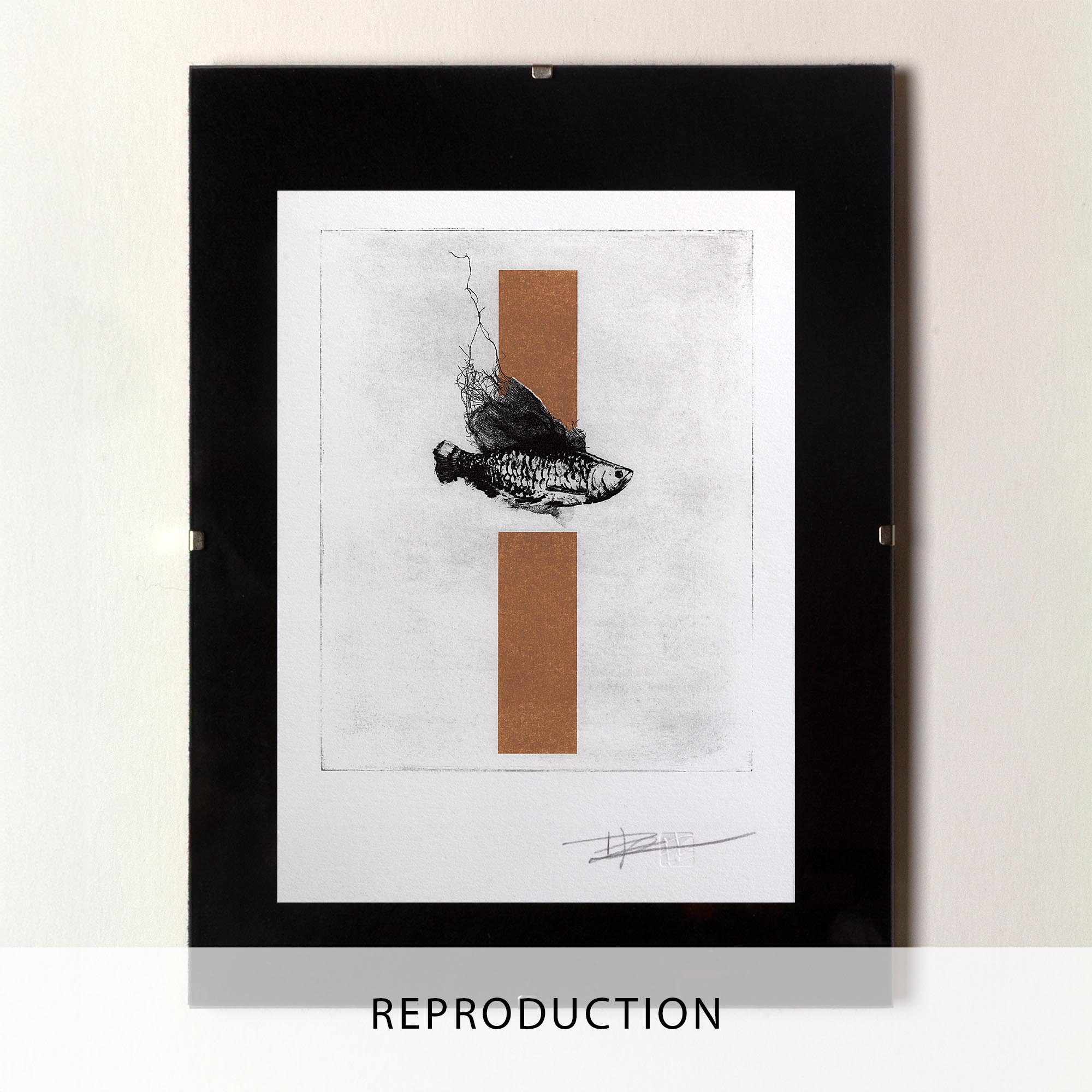 Gravure originale d'art contemporain The Fish de Clément Scarpi. Estampe d'art en noir et blanc représentant un poisson détaillé pris dans un filet, superposé sur deux rectangles dorés en arrière-plan (technique du chine-collé ou feuille d'or), présentée dans un cadre noir élégant.