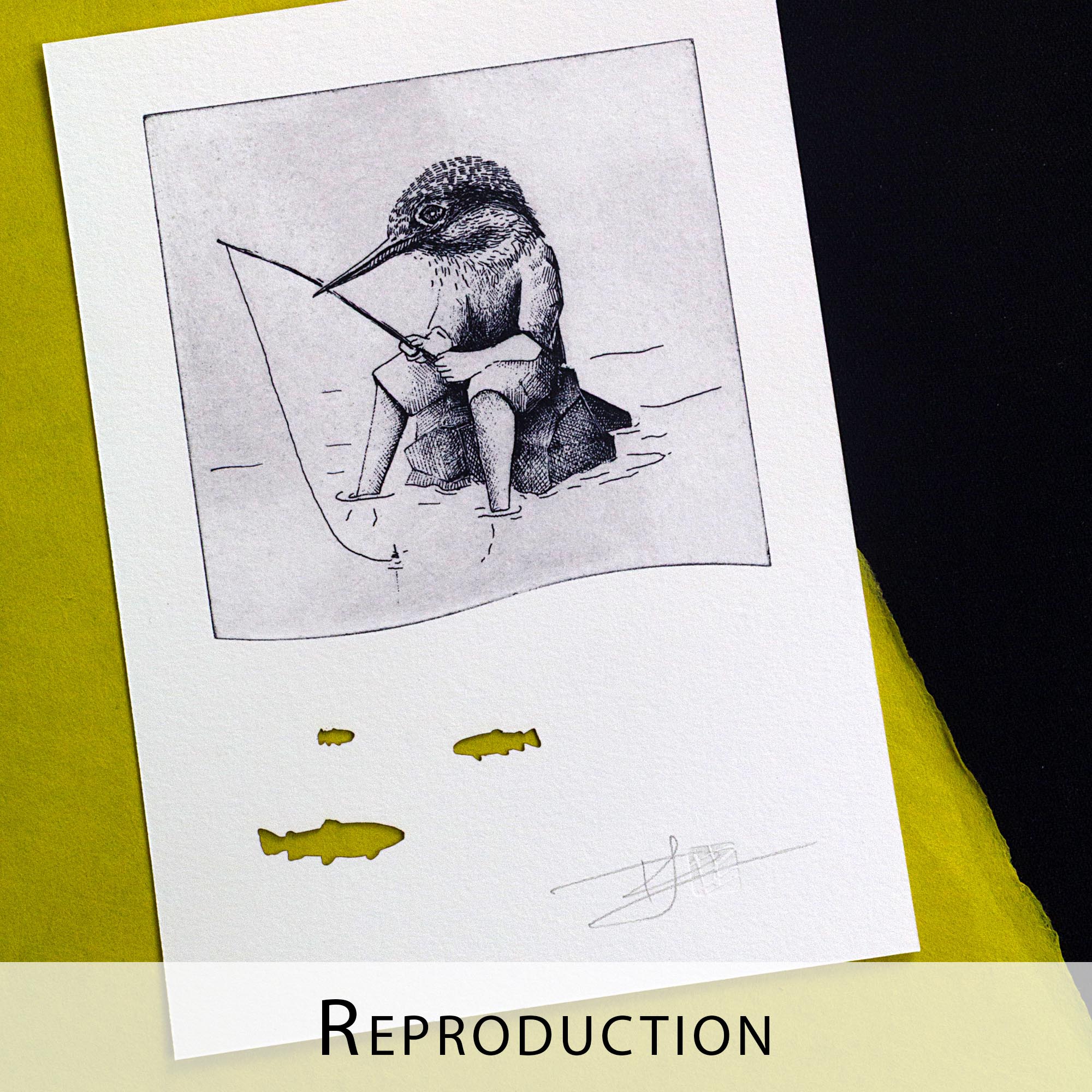 Gravure originale en noir et blanc intitulée "The King Fisher", représentant un martin-pêcheur, présentée dans un cadre en bois clair et exposé dans un intérieur lumineux au style épuré.