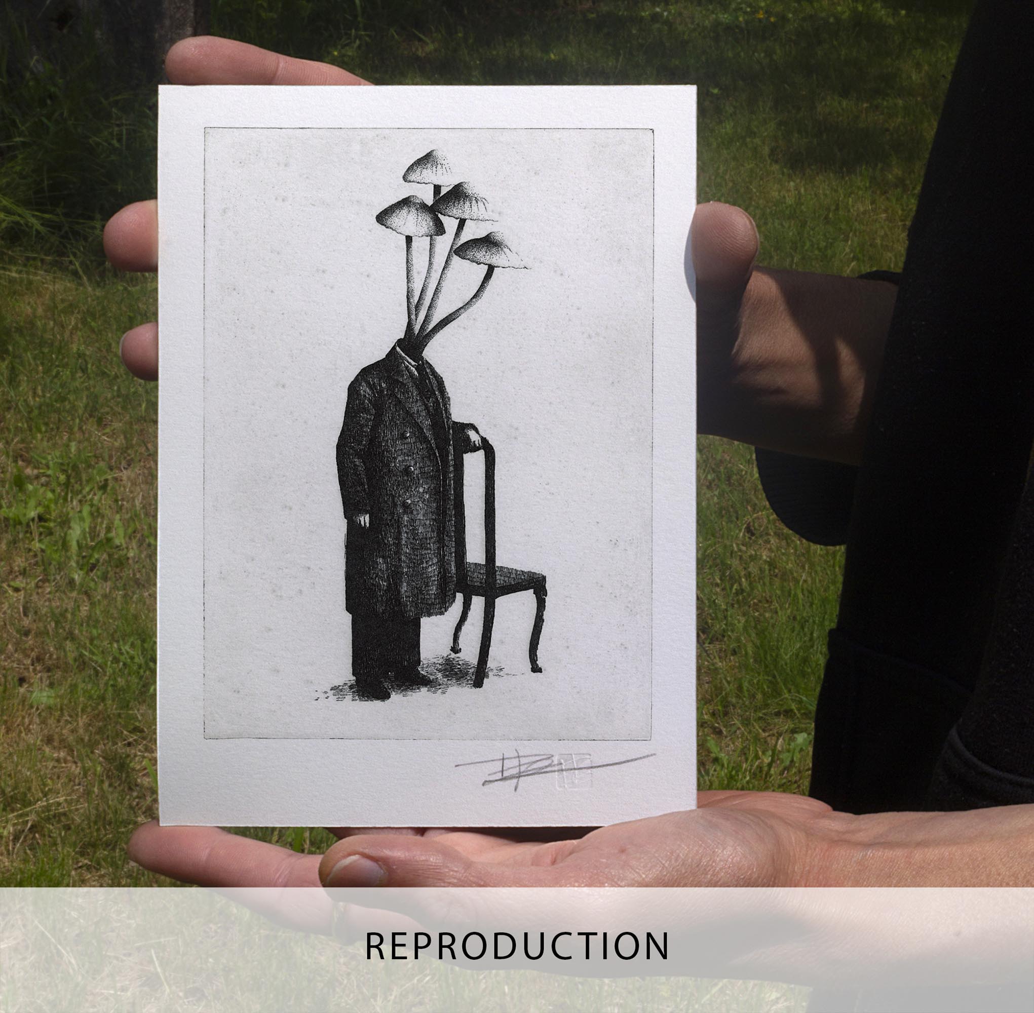 Gravure originale surréaliste The Mushroomhead par Clément Scarpi, estampe noire et blanche d'un homme à tête de champignon.